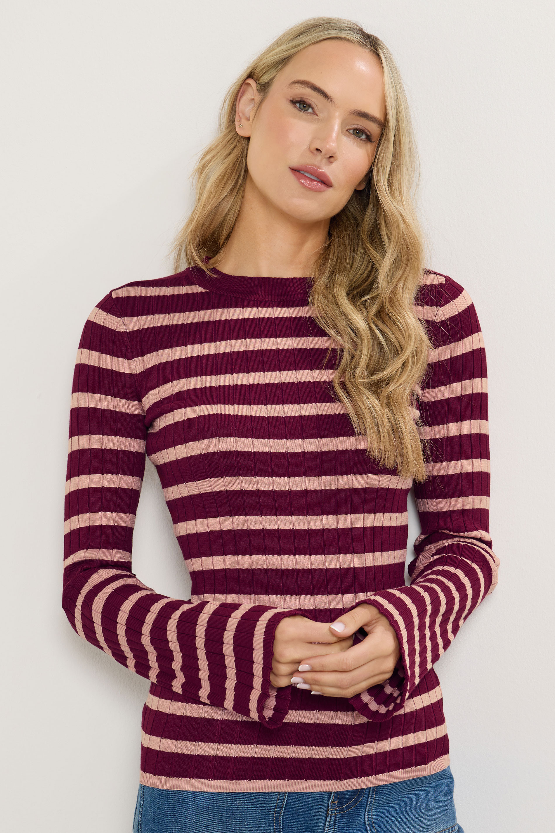 LTS Tall Burgundy Red Striped Ribbed Jumper | Long Tall Sally 3