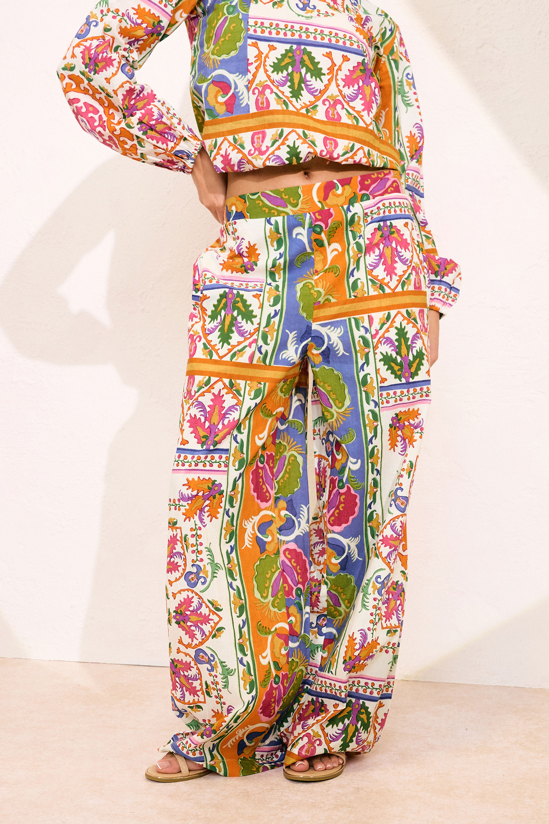 PixieGirl Petite Women's Orange Abstract Tile Print Cotton Wide Leg Trousers | PixieGirl 2