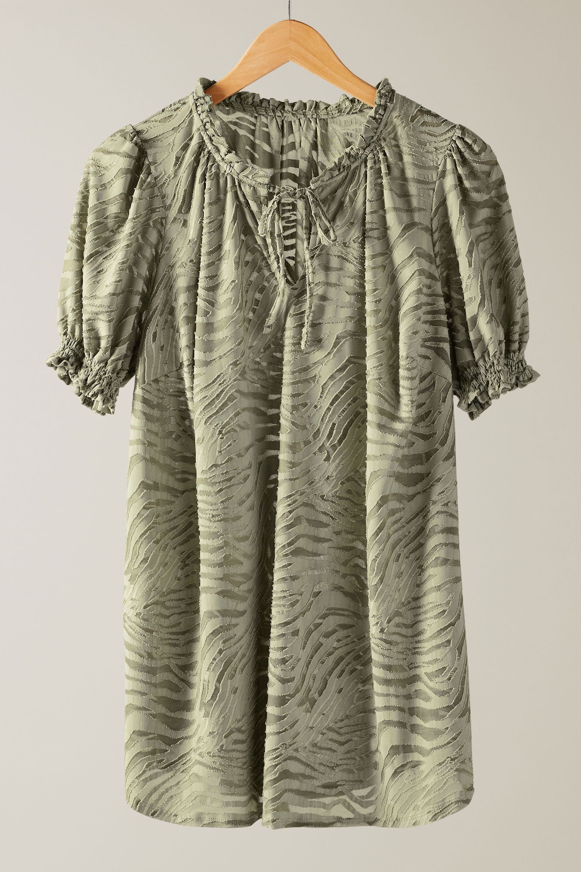 EVANS Plus Size Khaki Green Burnout Print Tie Neck Blouse | Evans 5