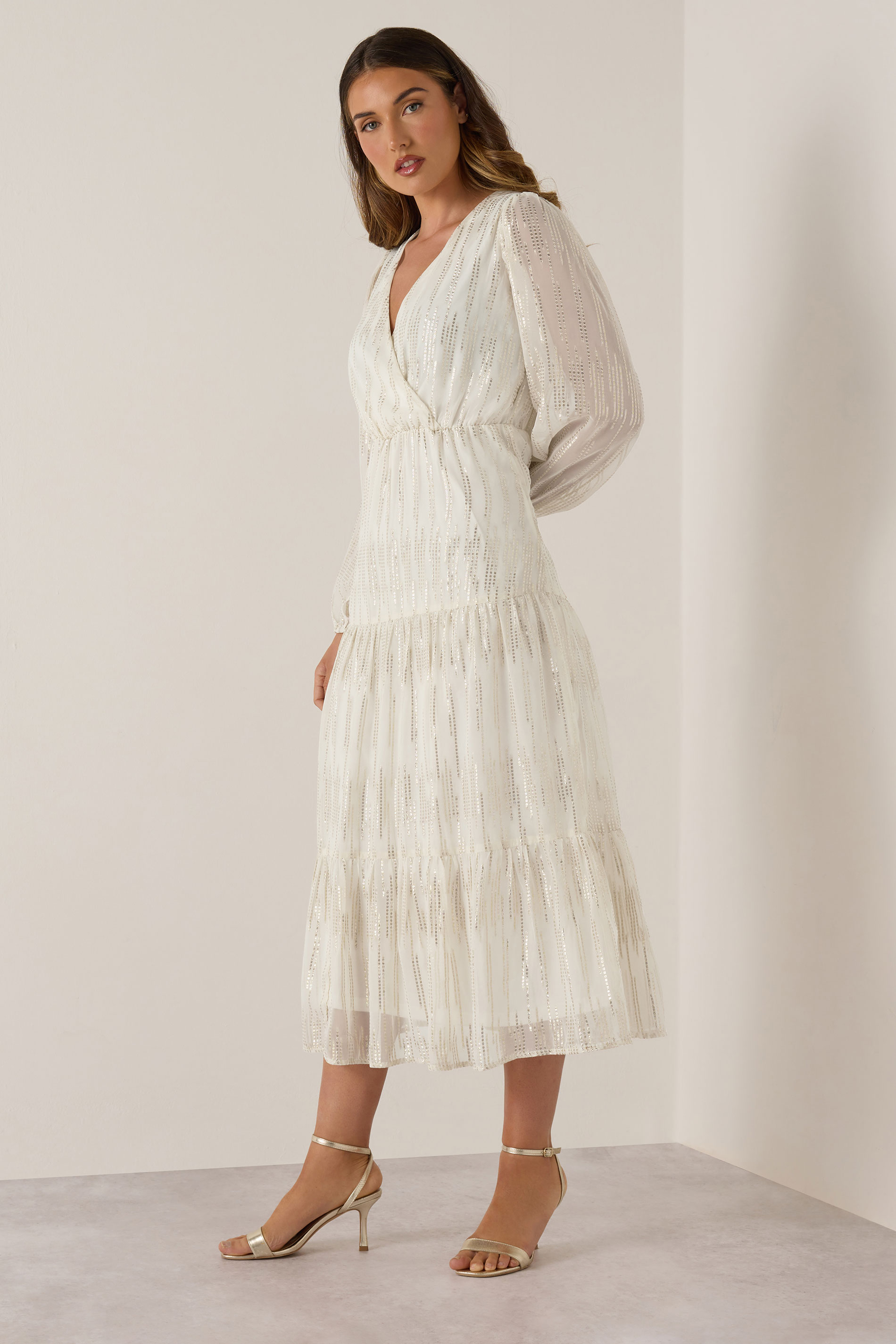 LTS Tall Ivory White Metallic Dash Tiered Maxi Dress | Long Tall Sally 4