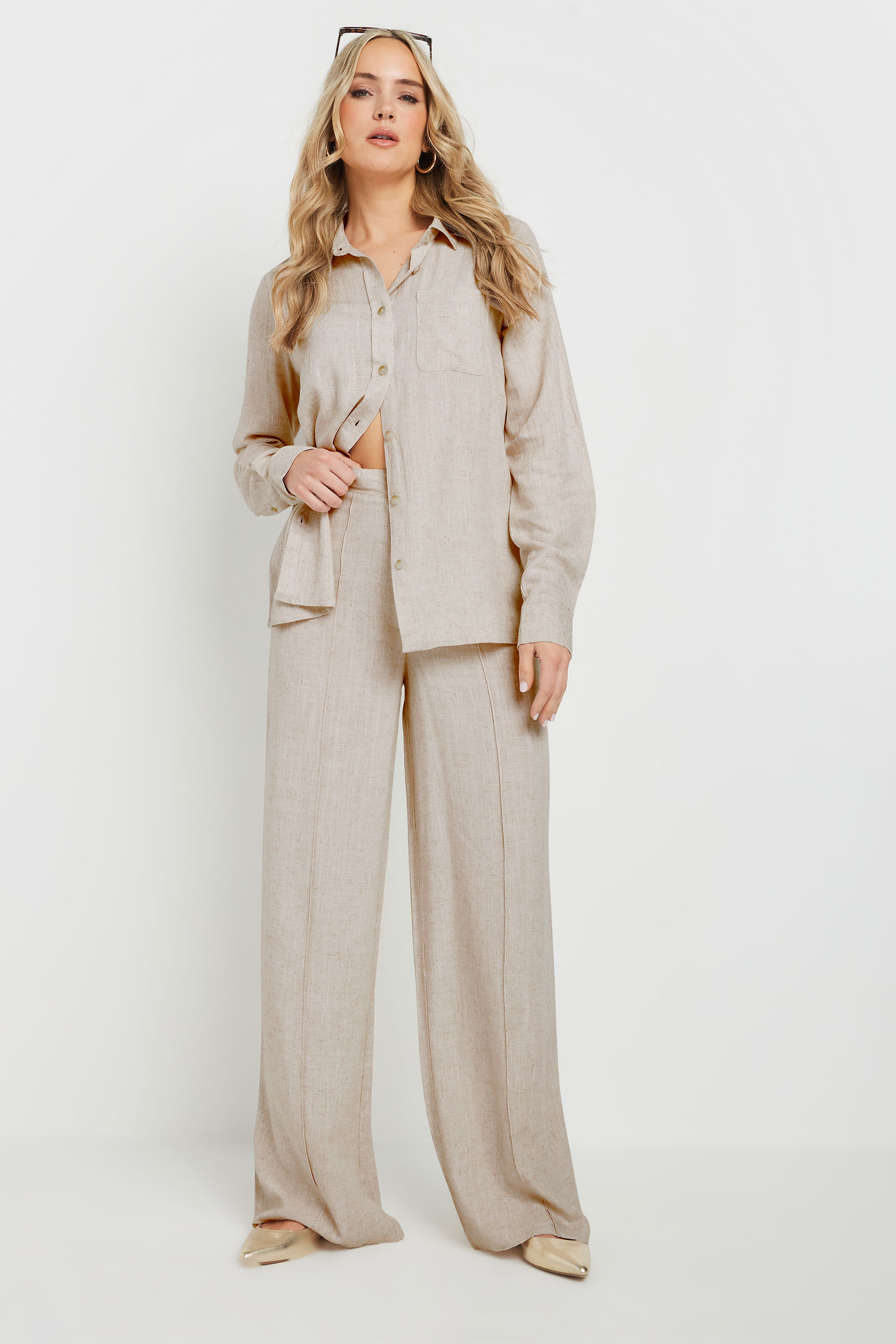LTS Tall Stone Brown Linen Pleated Wide Leg Trousers | Long Tall Sally 1