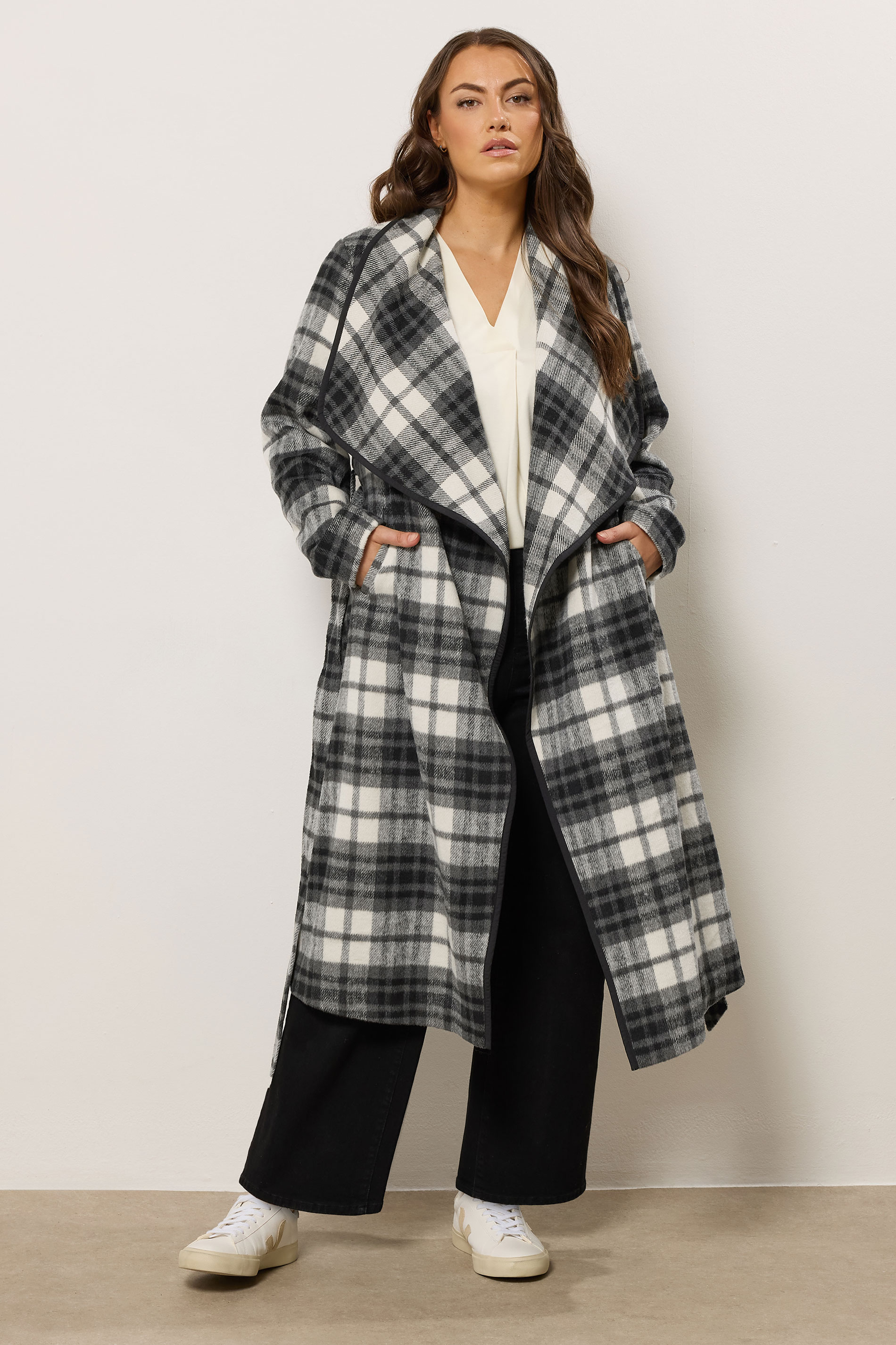 EVANS Plus Size Black & White Check Waterfall Coat | Evans 1