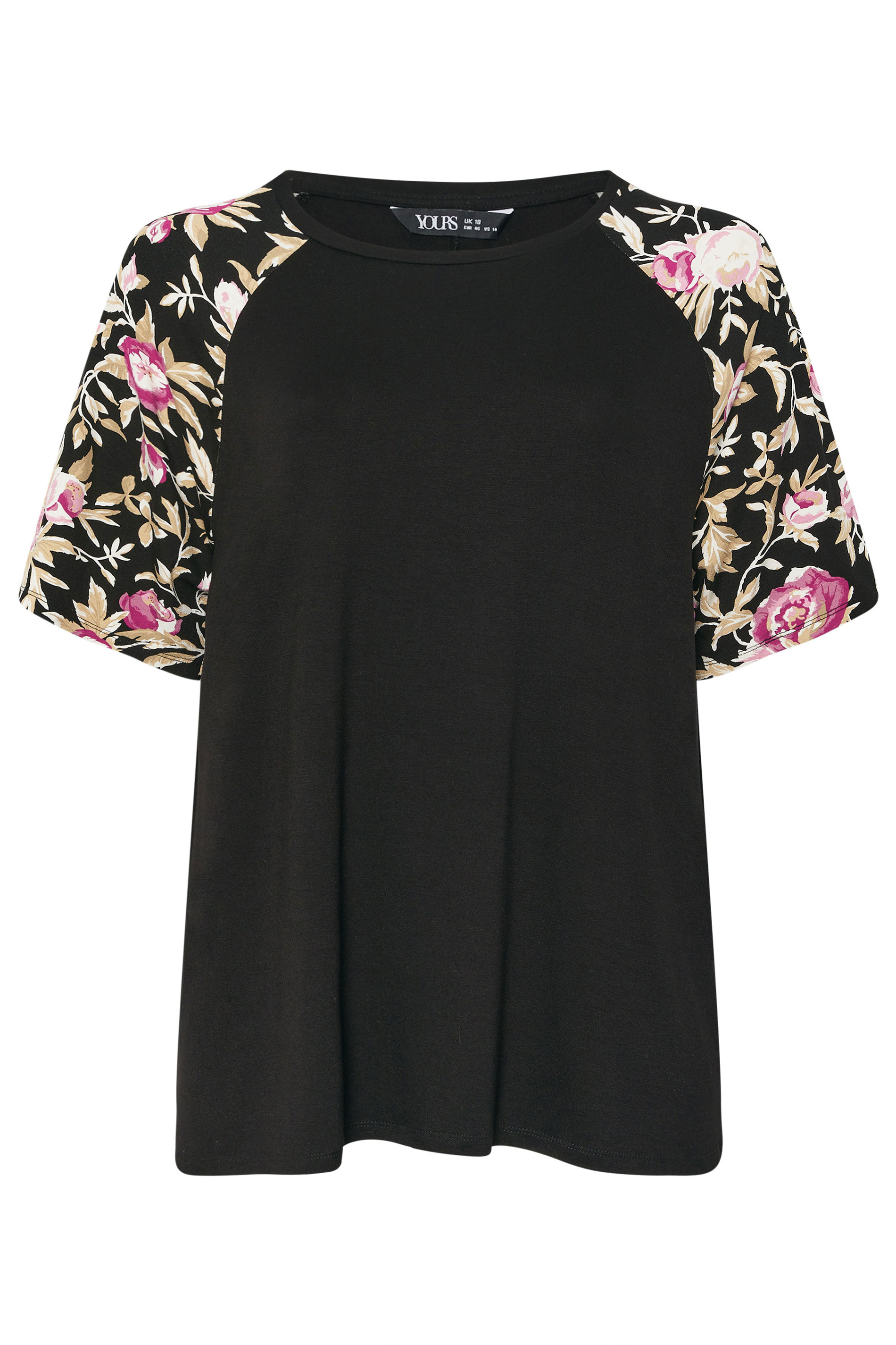 YOURS Plus Size Black Floral Raglan Sleeve T-Shirt | Yours Clothing 5