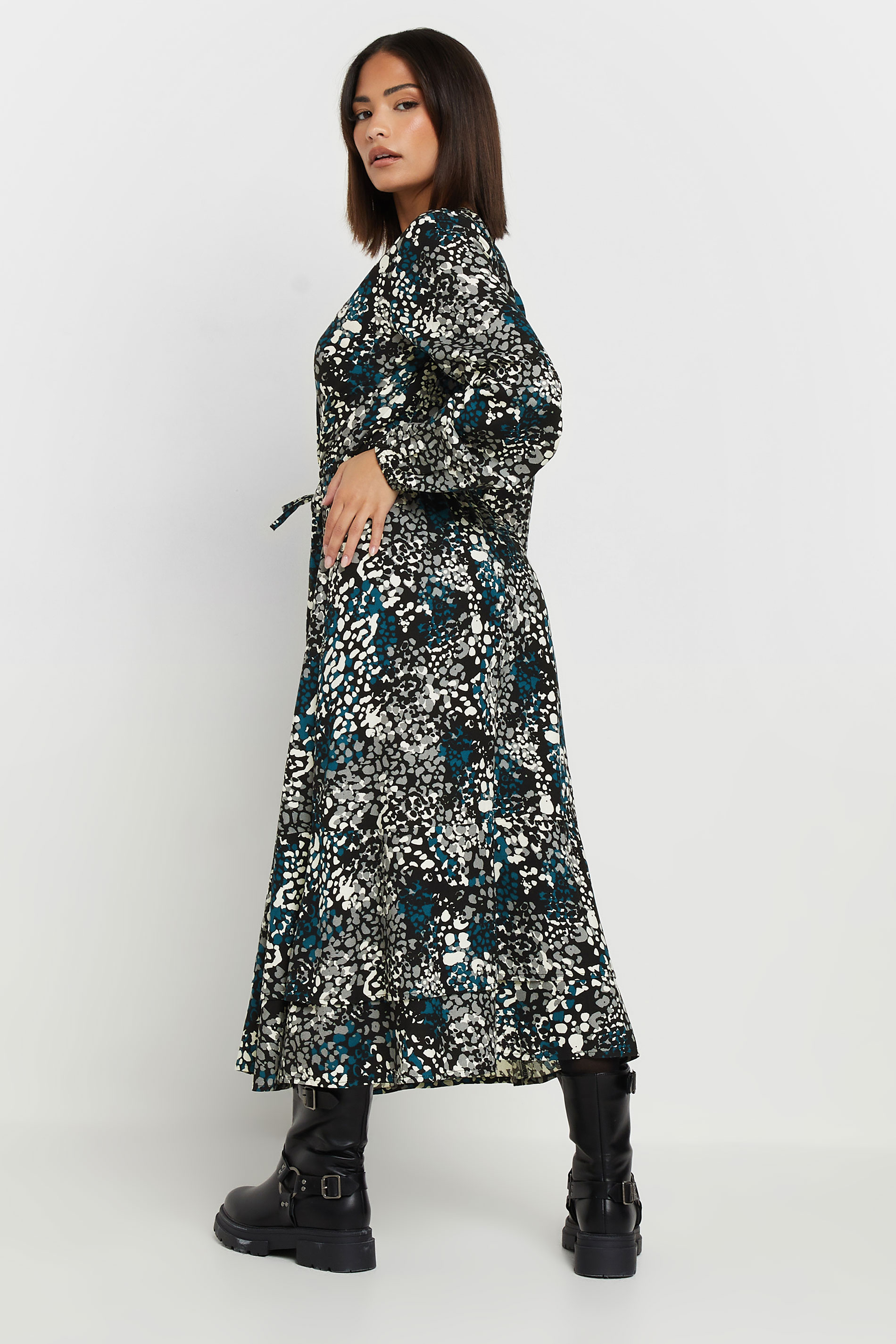 PixieGirl Petite Women's Blue Woven Abstract Tie Waist Midi Dress | PixieGirl 2