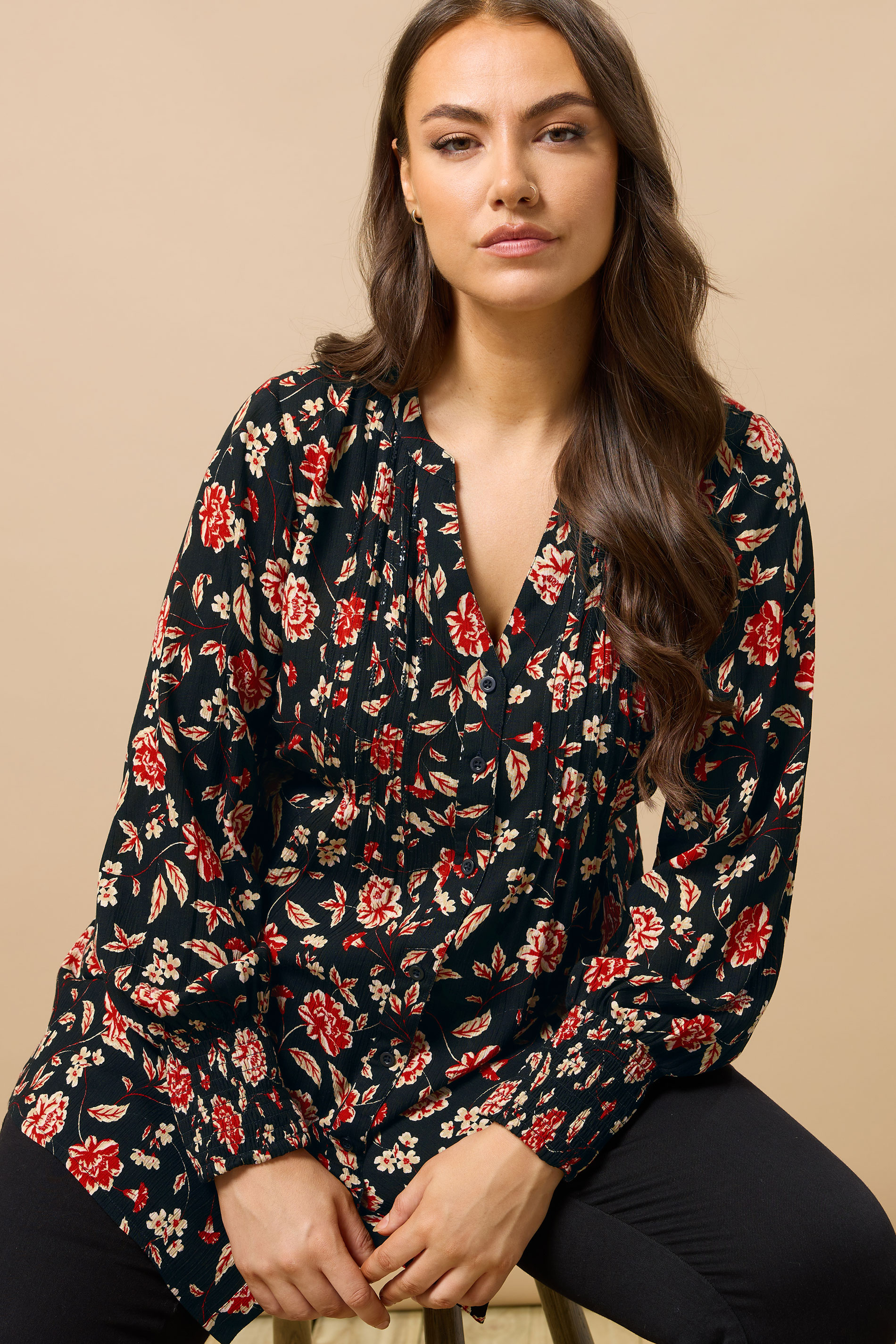 EVANS Plus Size Black & Red Floral Print Pintuck Blouse | Evans 3