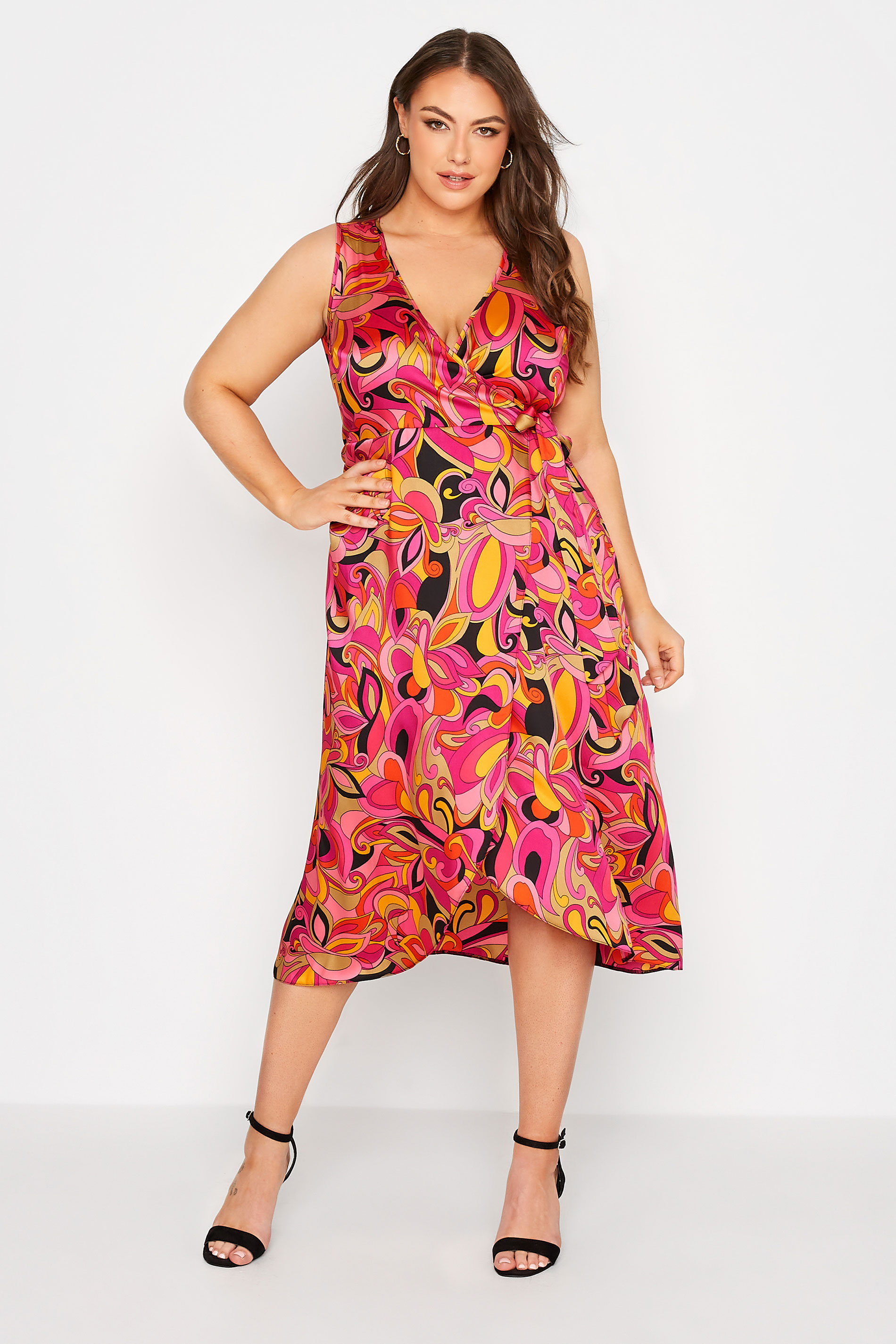 YOURS LONDON Plus Size Hot Pink Abstract Print Satin Wrap Dress | Yours Clothing 2