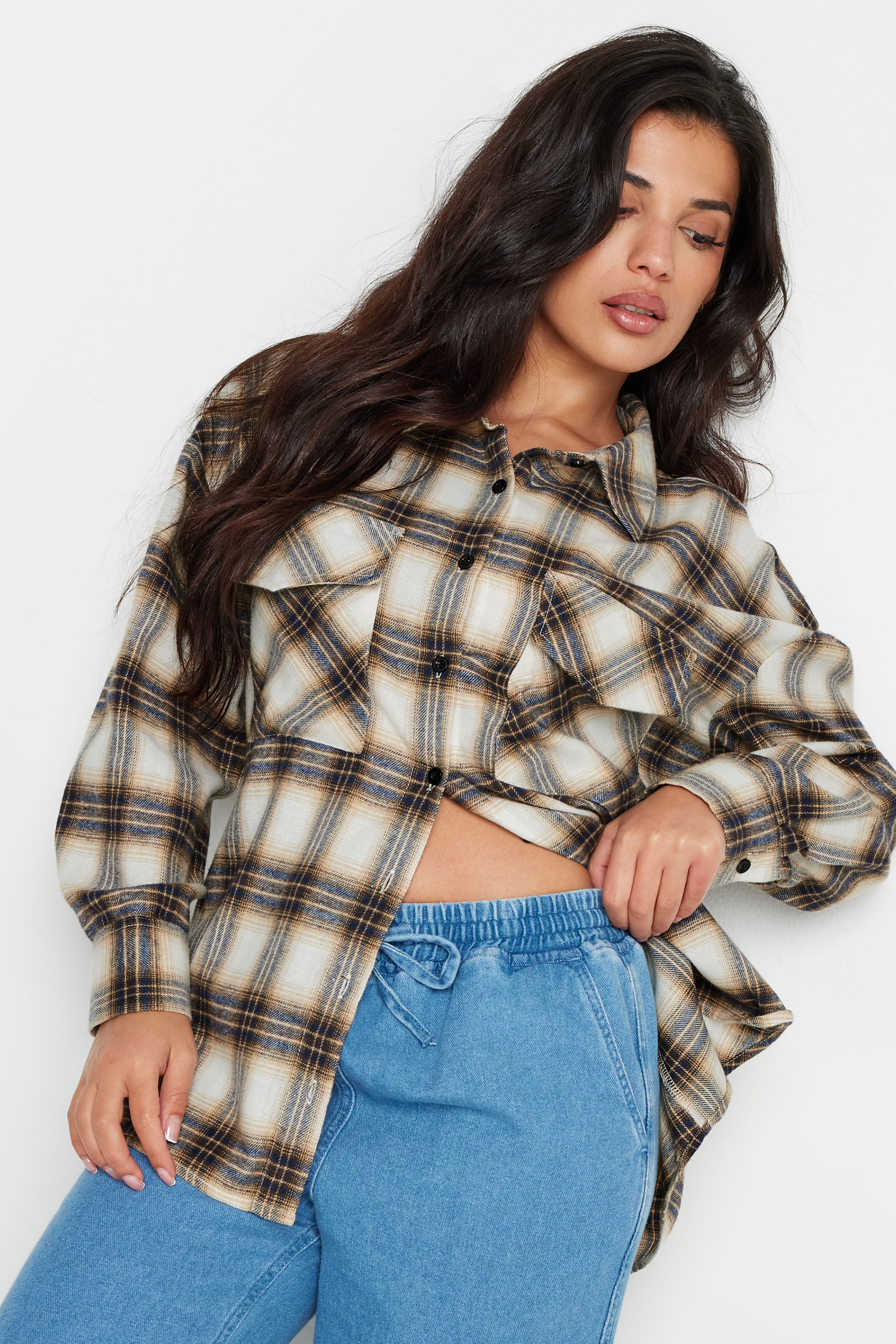 PixieGirl Petite Women's Beige Brown Check Shirt | PixieGirl 5