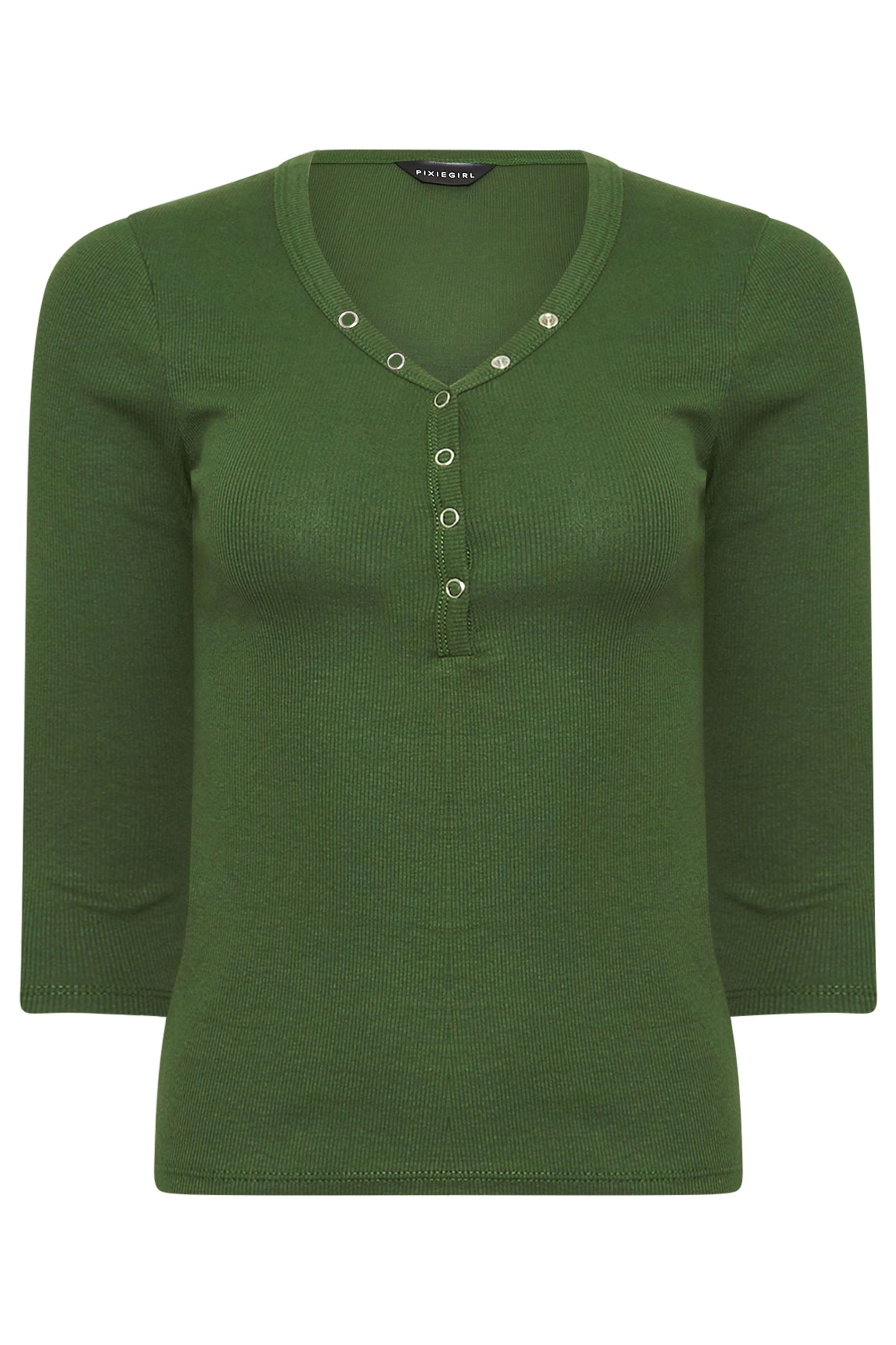 PixieGirl Petite Women's Khaki Green Button Henley Top | PixieGirl 5