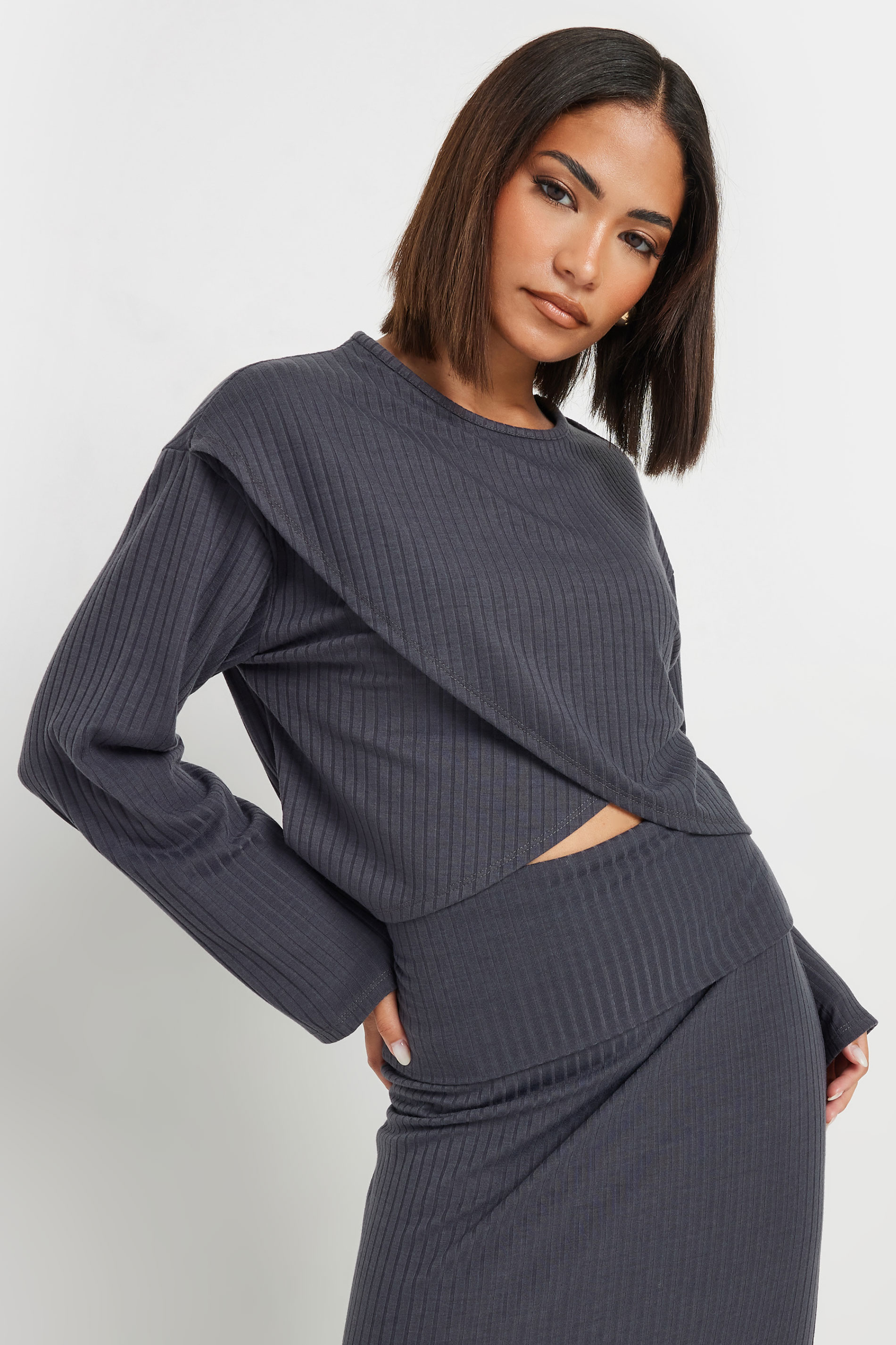 PixieGirl Petite Women's Grey Cross Over Long Sleeve Ribbed Top | PixieGirl 3