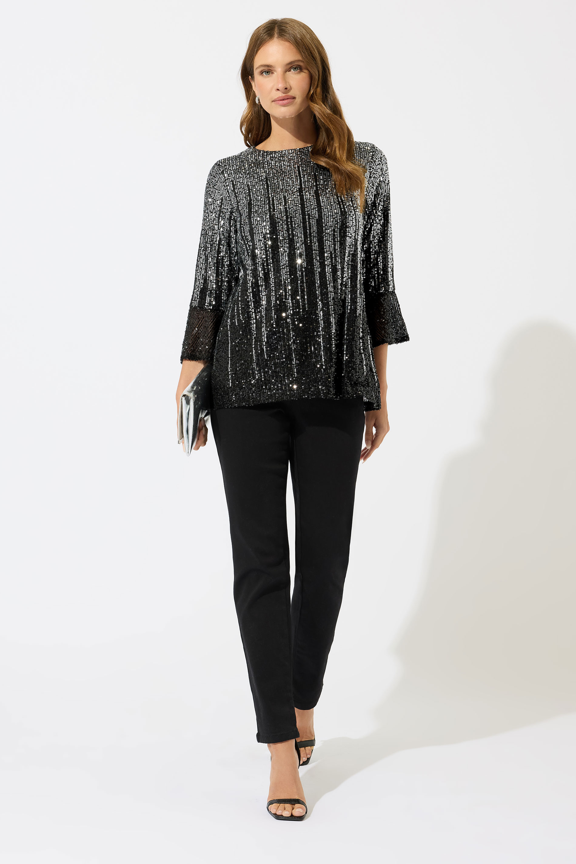 M&Co Silver Ombre Sequin Flute Sleeve Top | M&Co 2