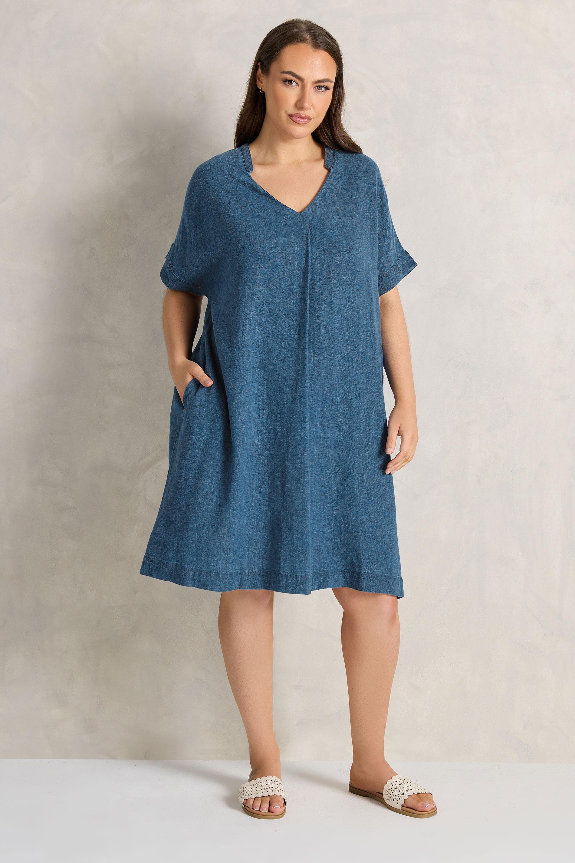 EVANS Plus Size Blue Premium Linen Shift Denim Dress | Evans 1