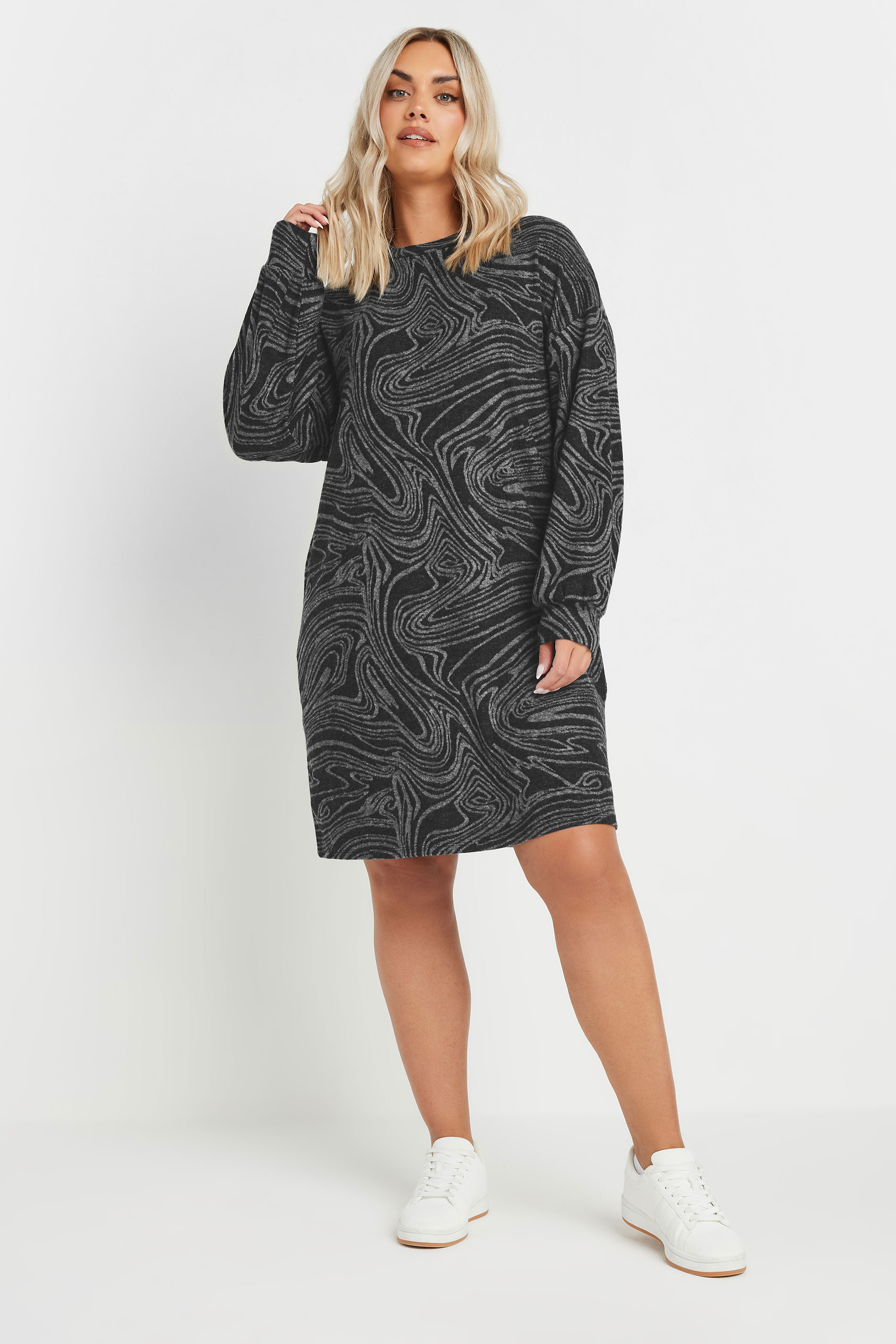 YOURS Plus Size Black Abstract Print Soft Touch Jumper Dress | Yours Clothing 1