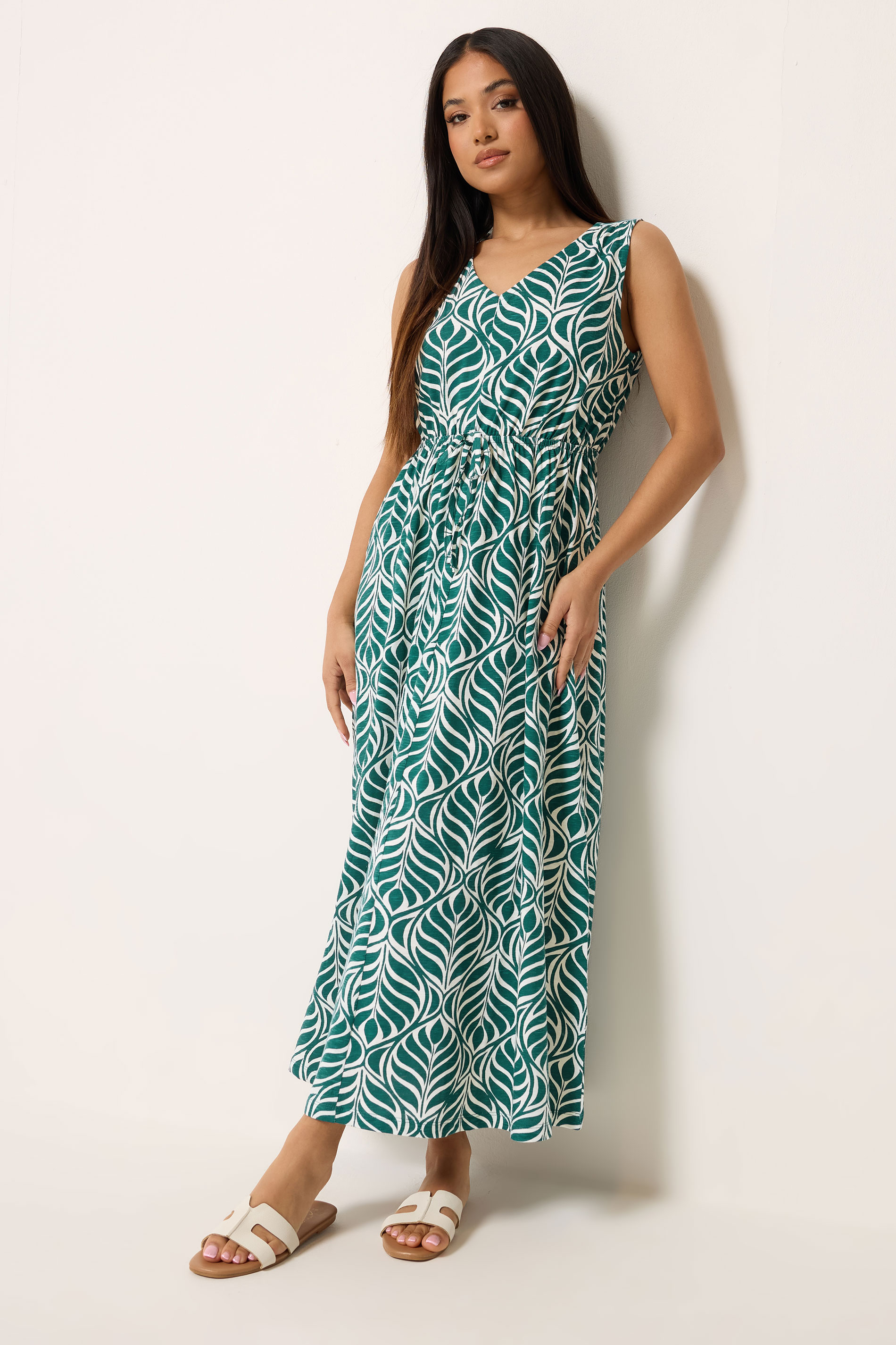 M&Co Petite Green Leaf Print Cotton Maxi Dress | M&Co 1