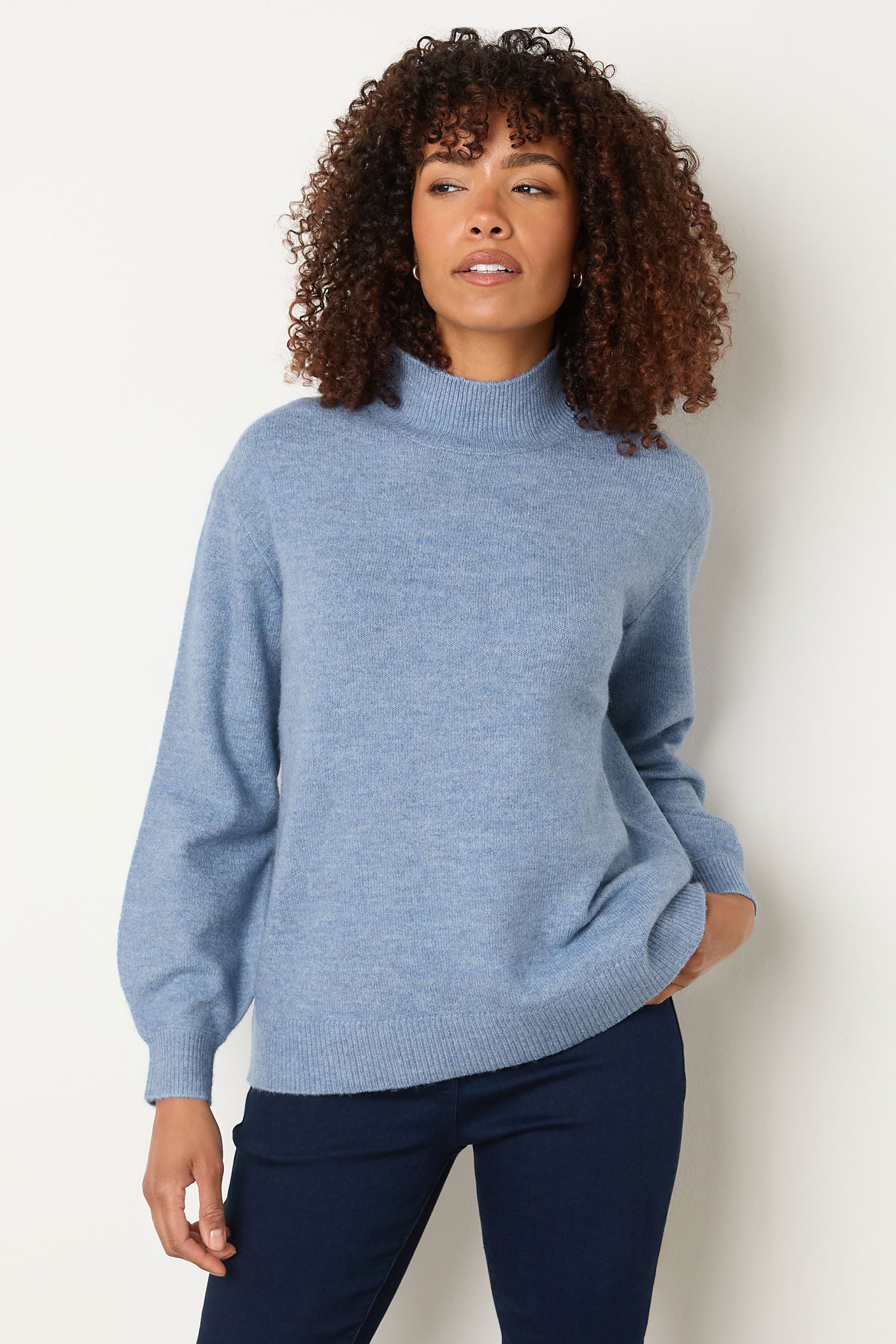 M&Co Blue Funnel Neck Balloon Sleeve Jumper | M&Co 1