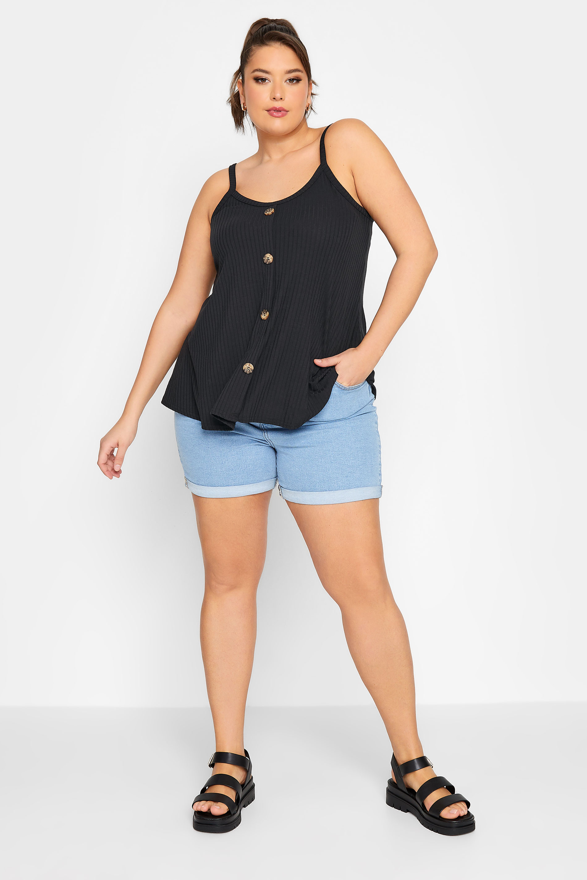 LIMITED COLLECTION Plus Size Black Ribbed Button Cami Top | Yours Clothing 2