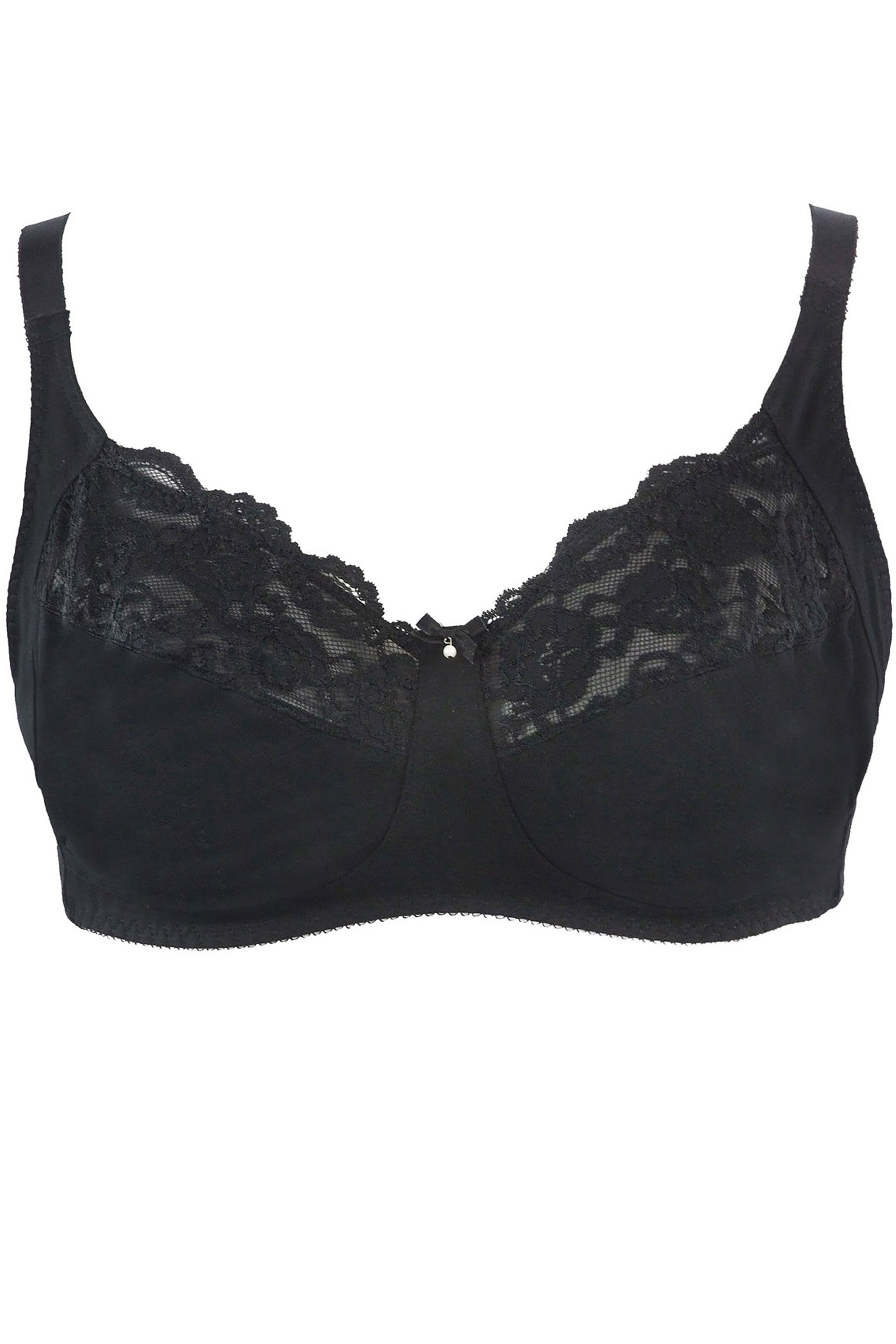 YOURS Plus Size Black Cotton Lace Trim Non-Padded Non-Wired Bralette | Yours Clothing 1