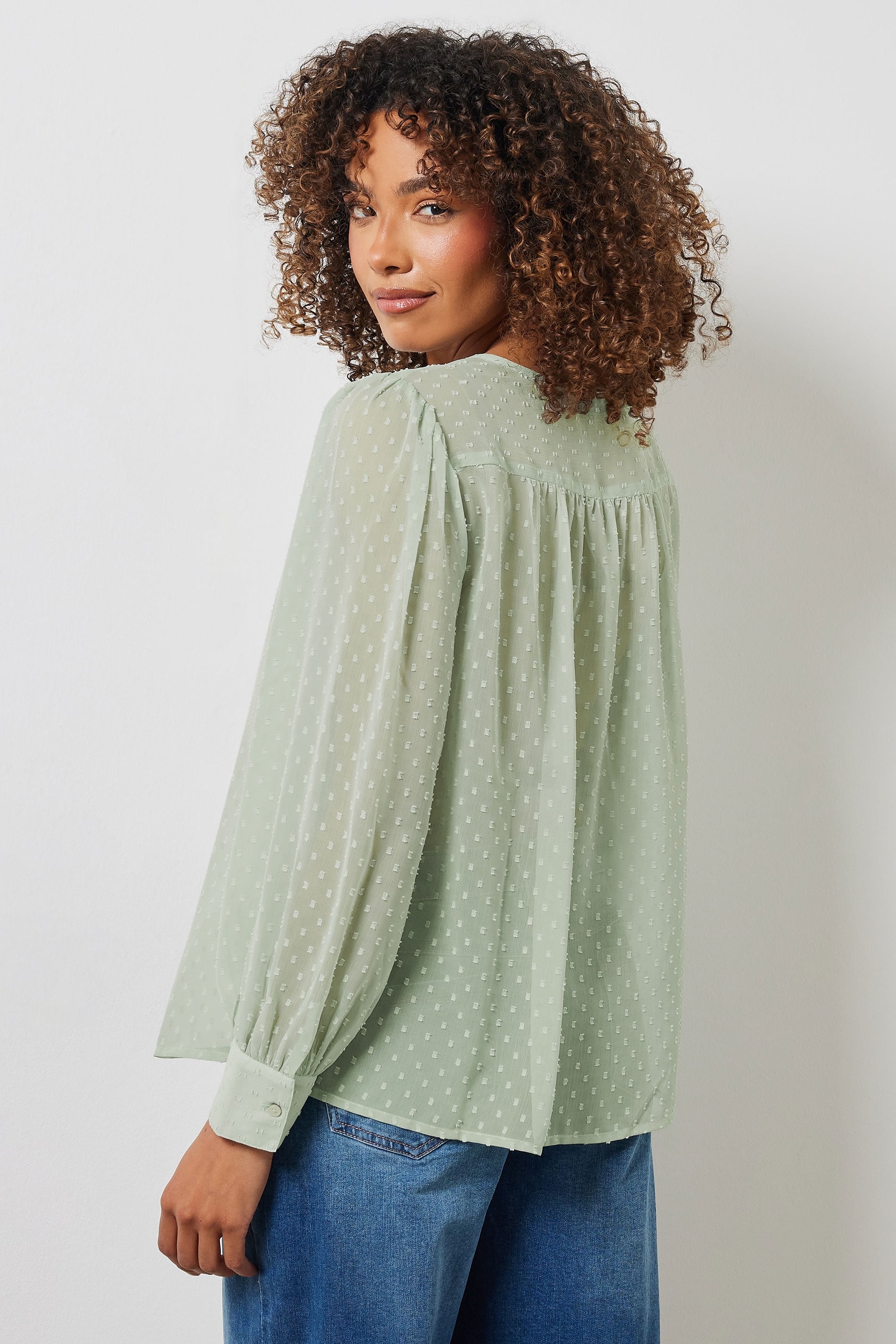 M&Co Sage Green Embroidered Dobby Tie Neck Blouse | M&Co 5