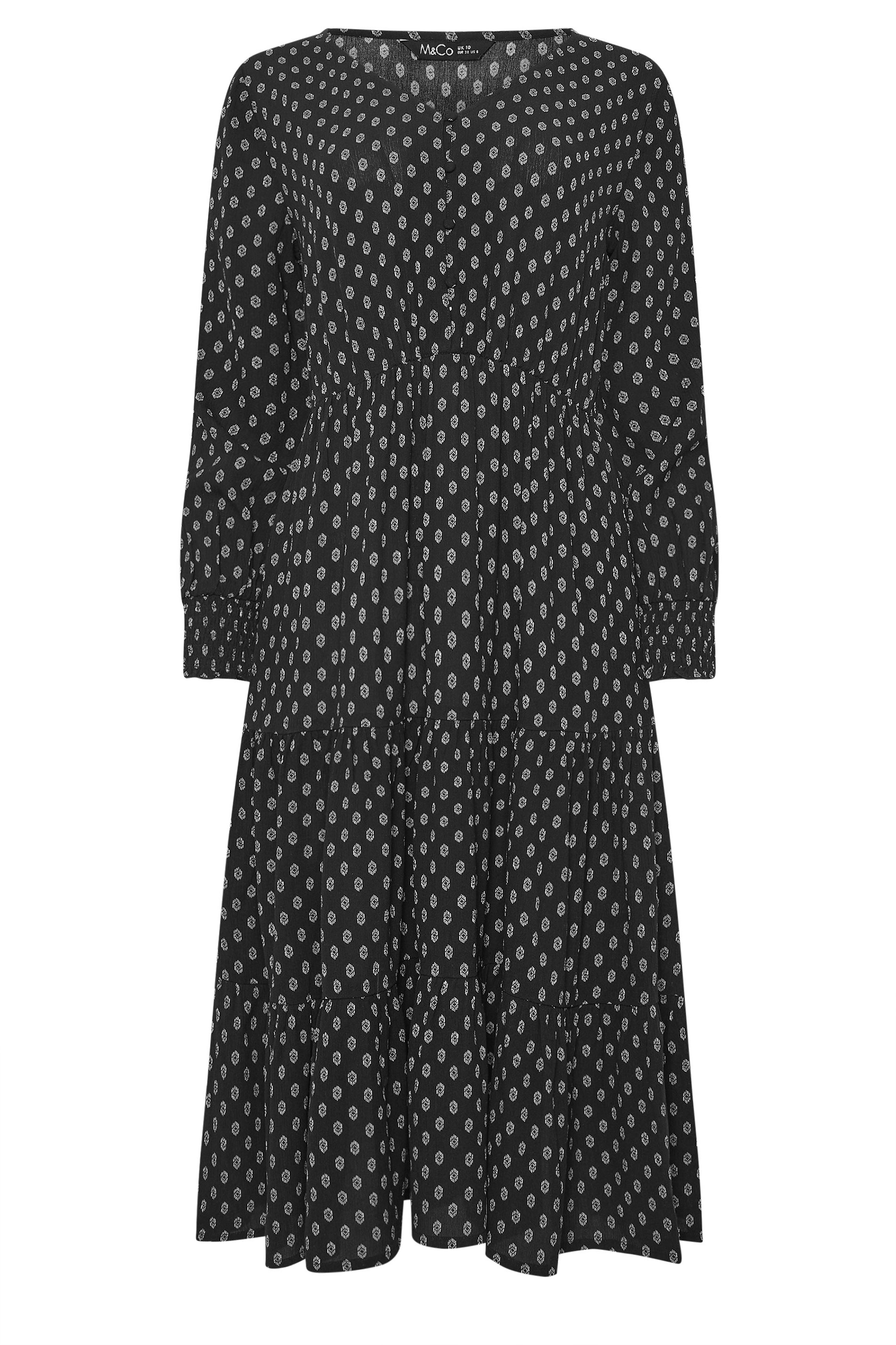 M&Co Black Dobby Long Sleeve Tiered Midi Dress | M&Co 6