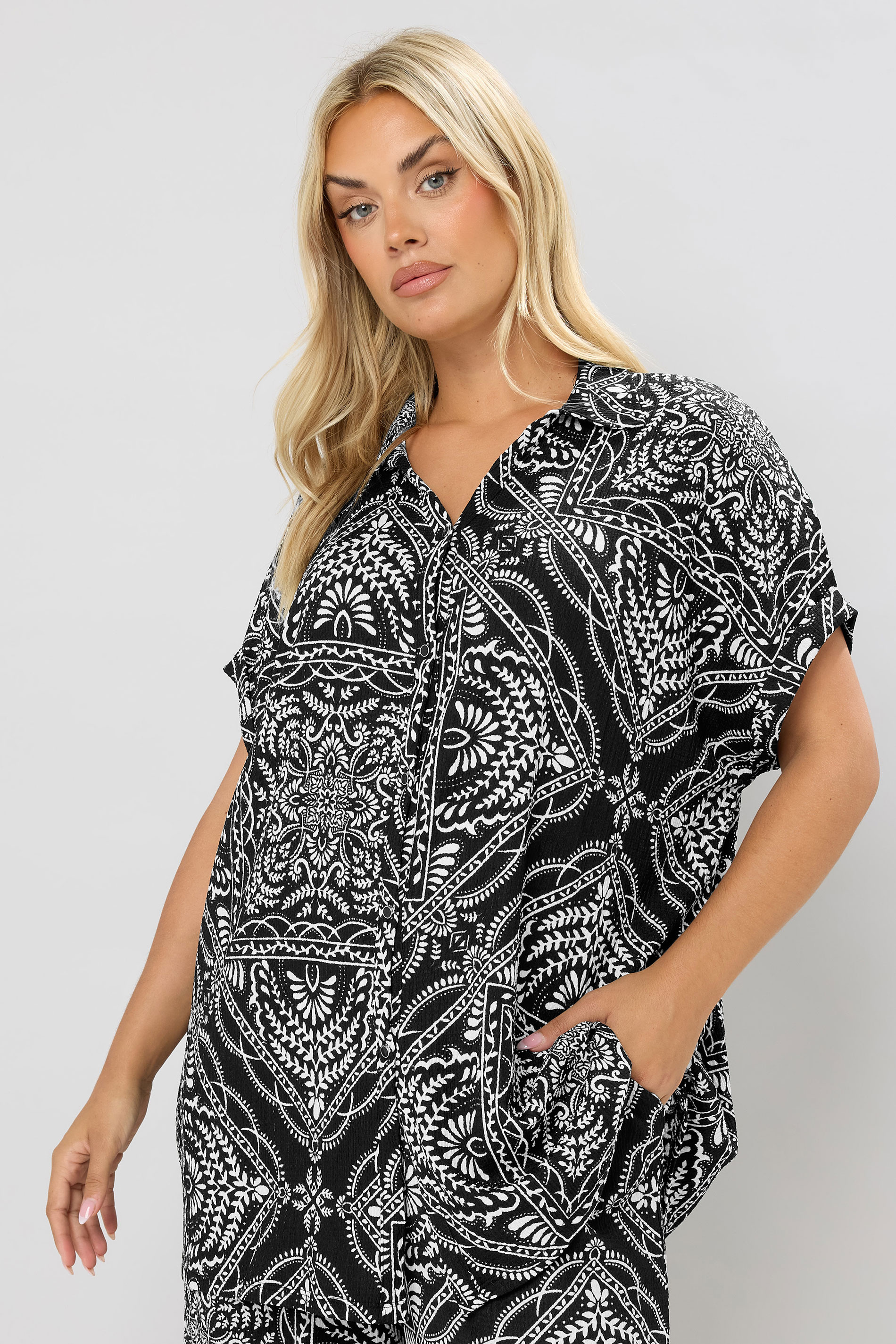 YOURS Plus Size Black & White Bandana Print Textured Shirt | Yours Clothing 3