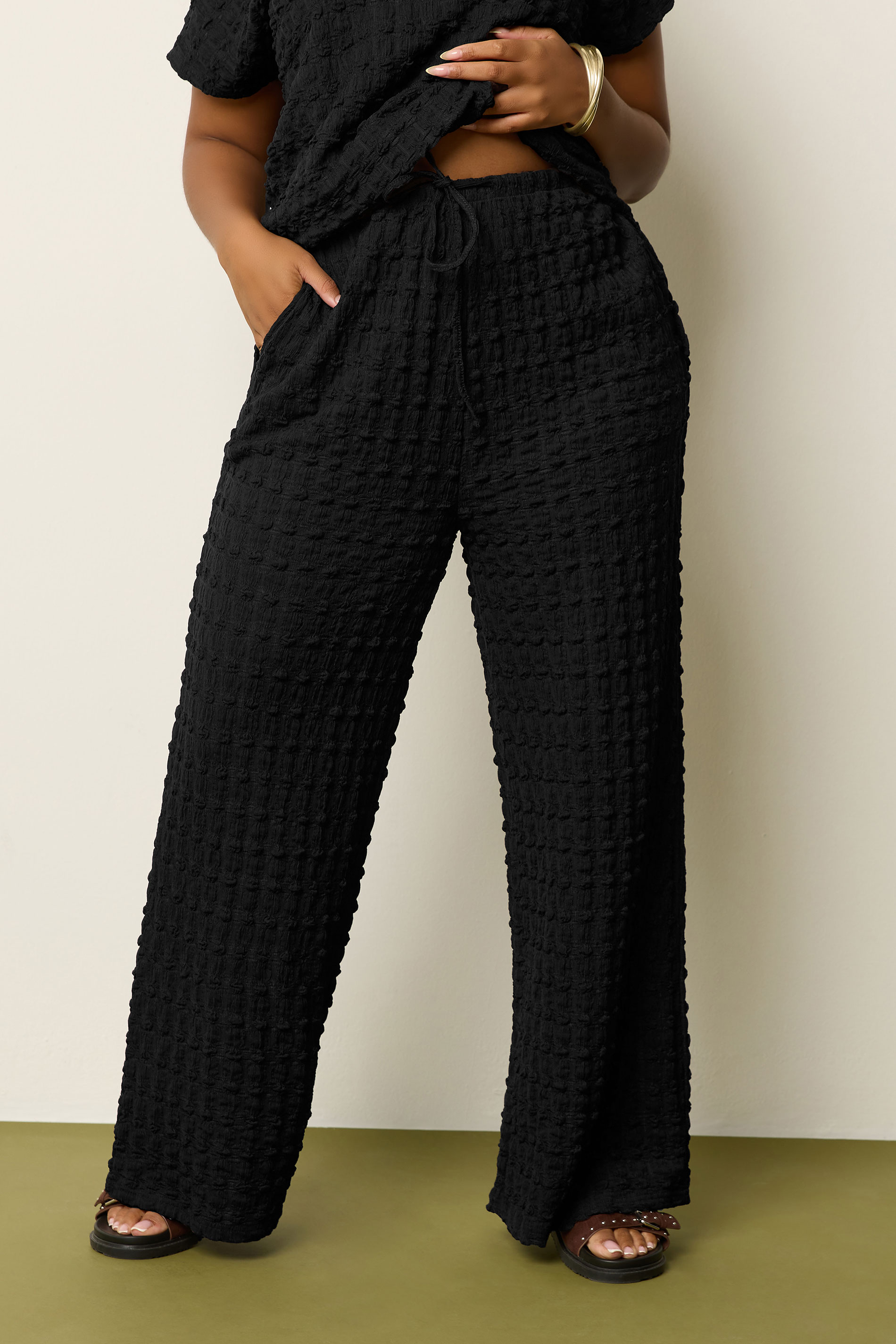 YOURS Plus Size Black Bubble Textured Wide Leg Trousers | Yours Clothing 3