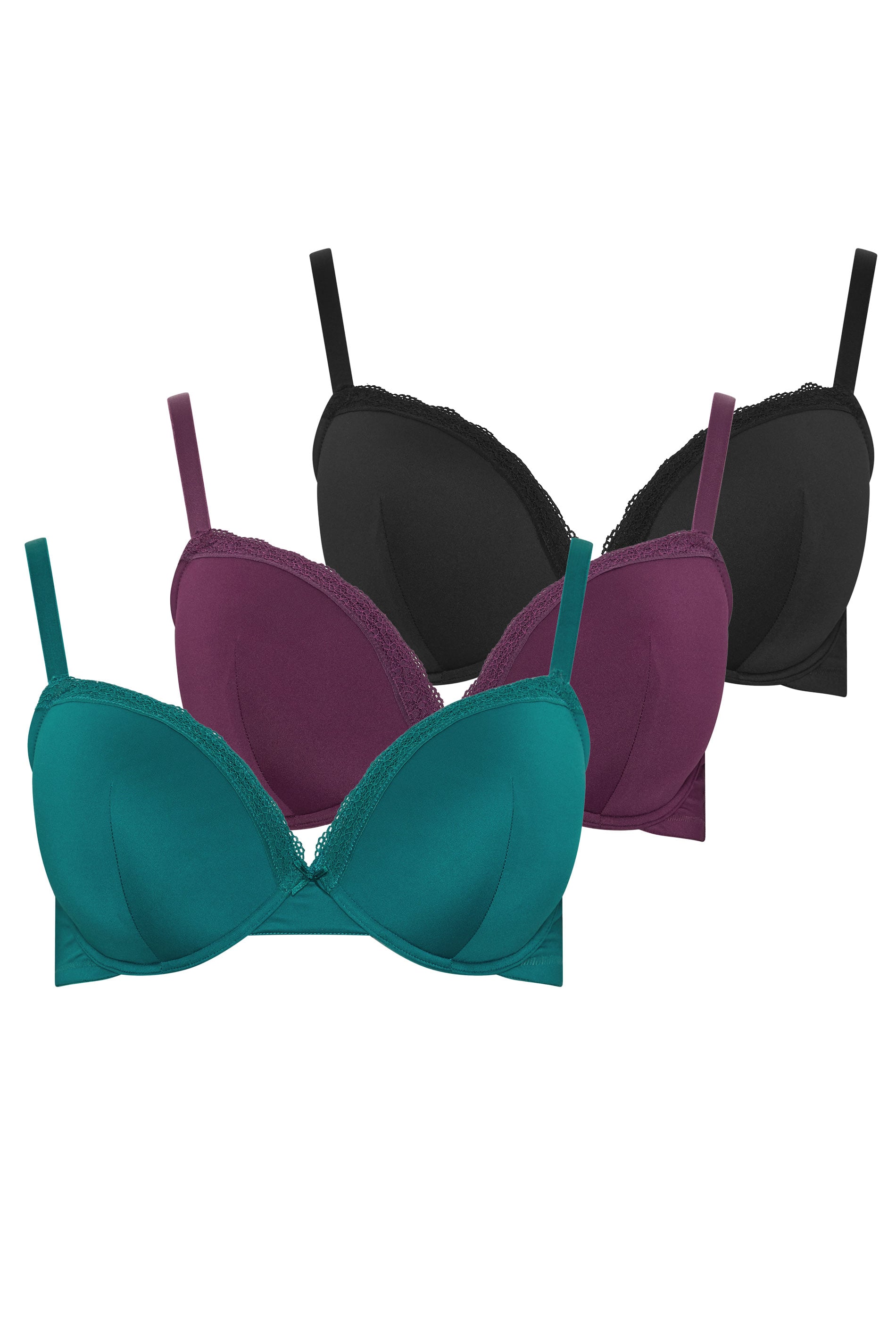 YOURSET 3 PACK Plus Size Burgundy Red & Green Lace Trim Padded T-Shirt Bras | Yours Clothing 8