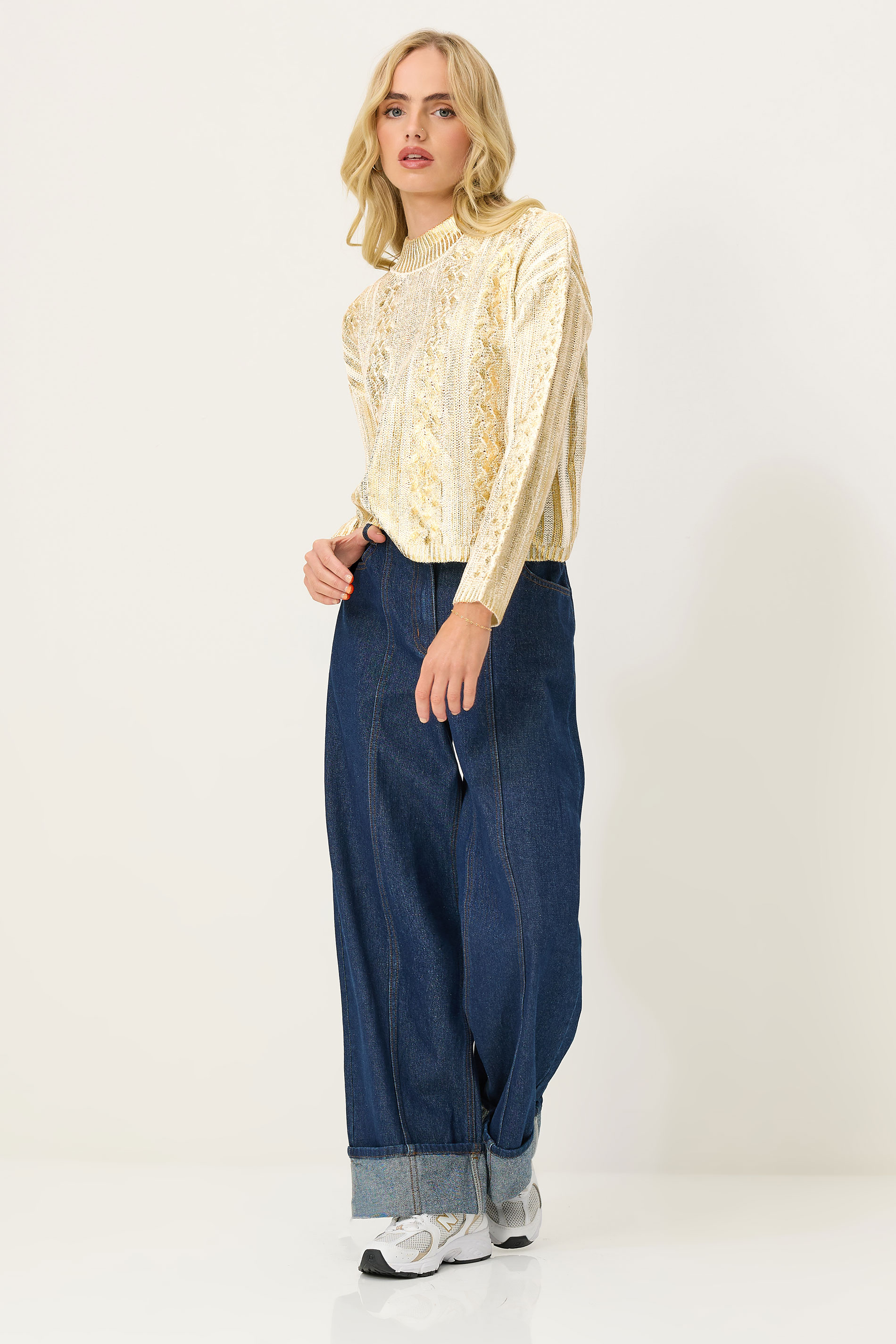 PixieGirl Petite Women's Gold Metallic Foil Cable Knit Jumper | PixieGirl 1
