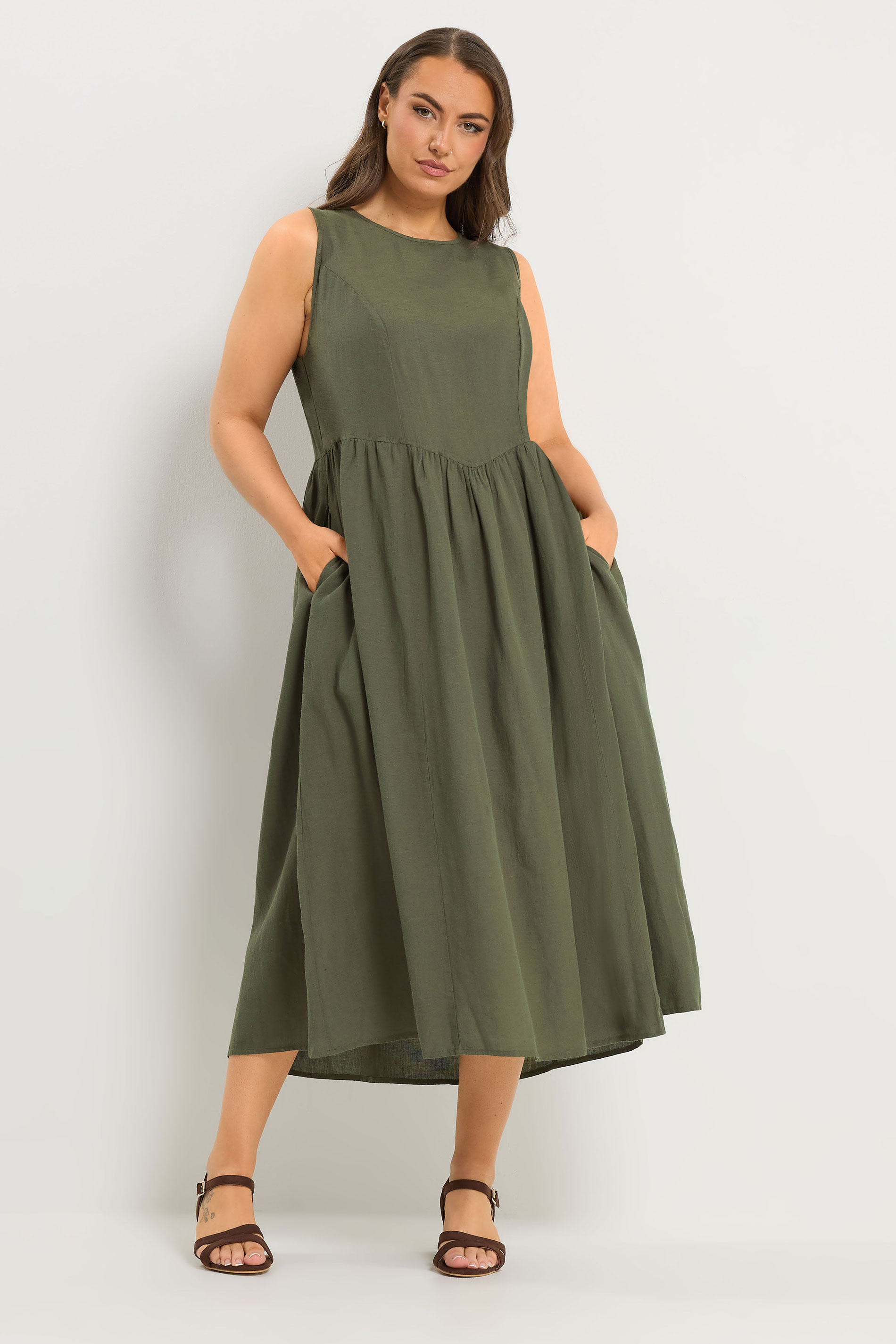 YOURS Plus Size Khaki Green Sleeveless Linen Midi Dress | Yours Clothing 2