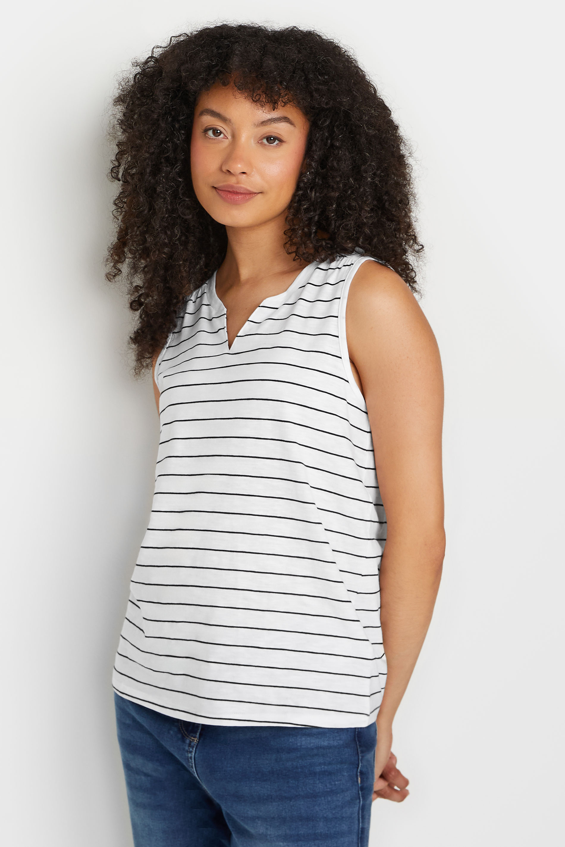 M&Co White Striped Sleeveless Notch Neck Cotton Vest Top | M&Co 1