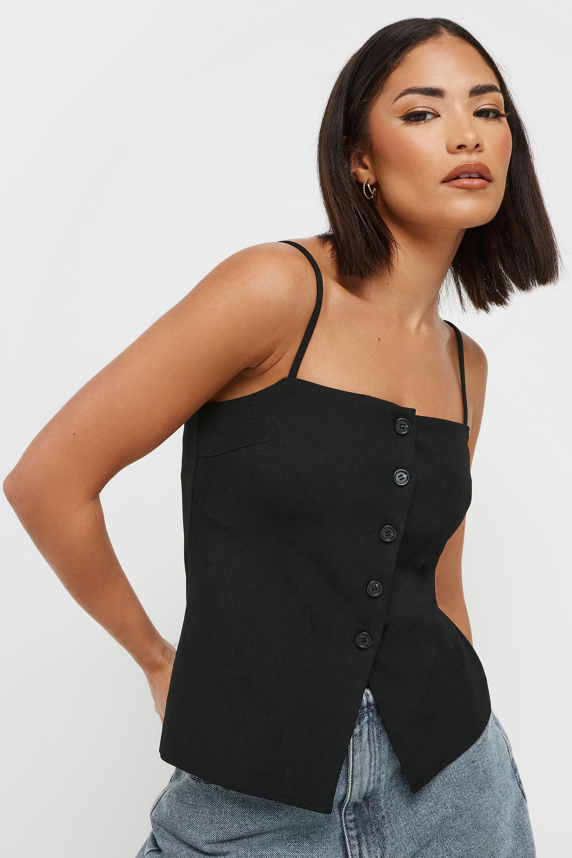PixieGirl Petite Women's Black Structured Button Vest Top | PixieGirl 3