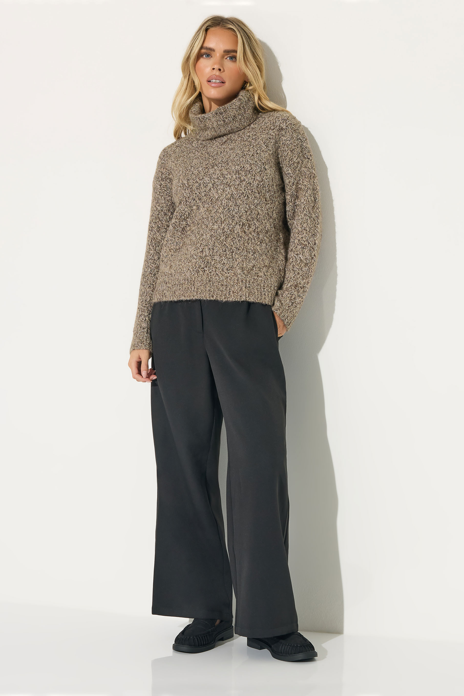PixieGirl Petite Women's Beige Brown Chunky Roll Neck Jumper | PixieGirl 1