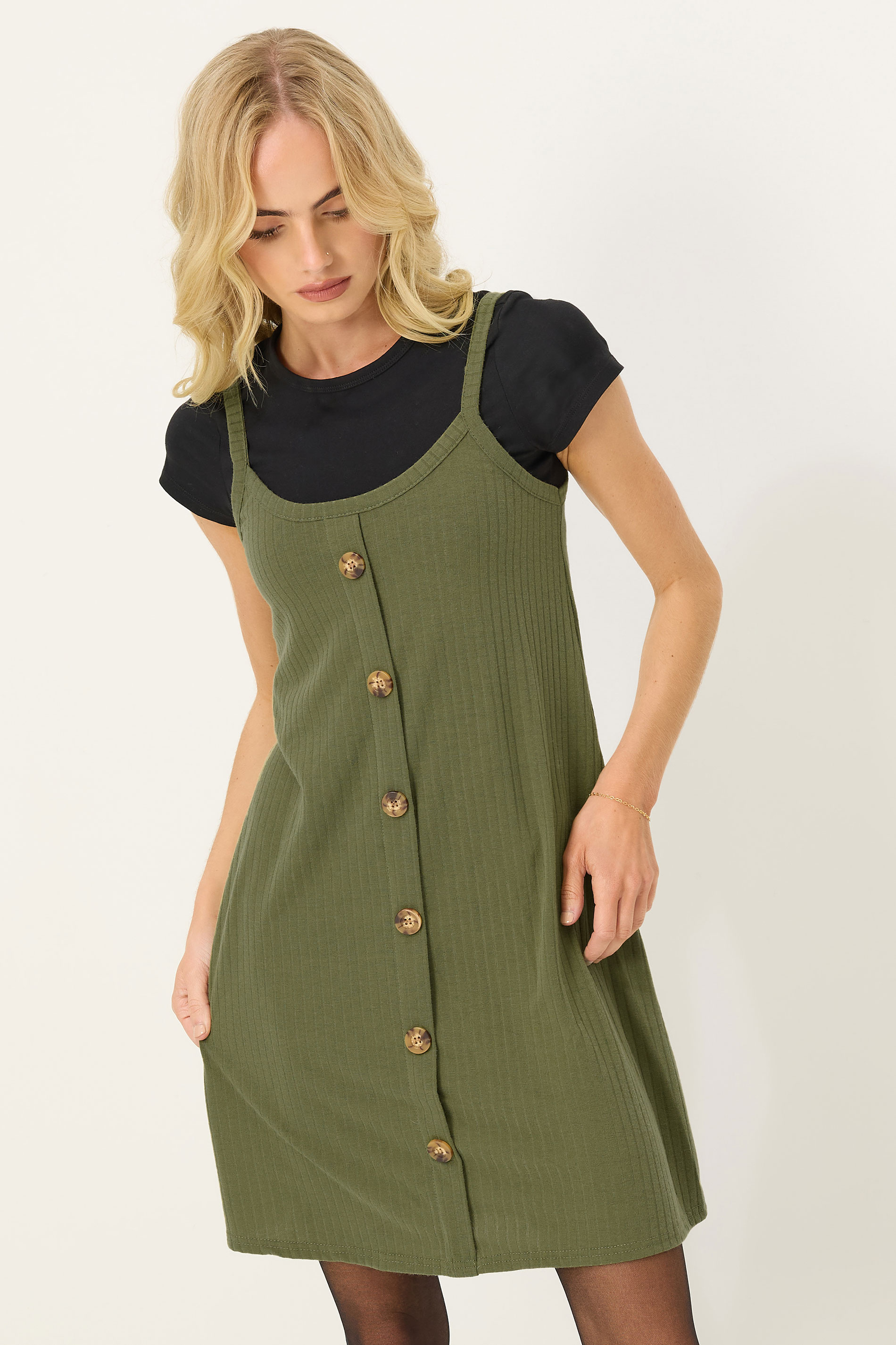 PixieGirl Petite Women's Khaki Green Button Front Sleeveless Dress | PixieGirl 3