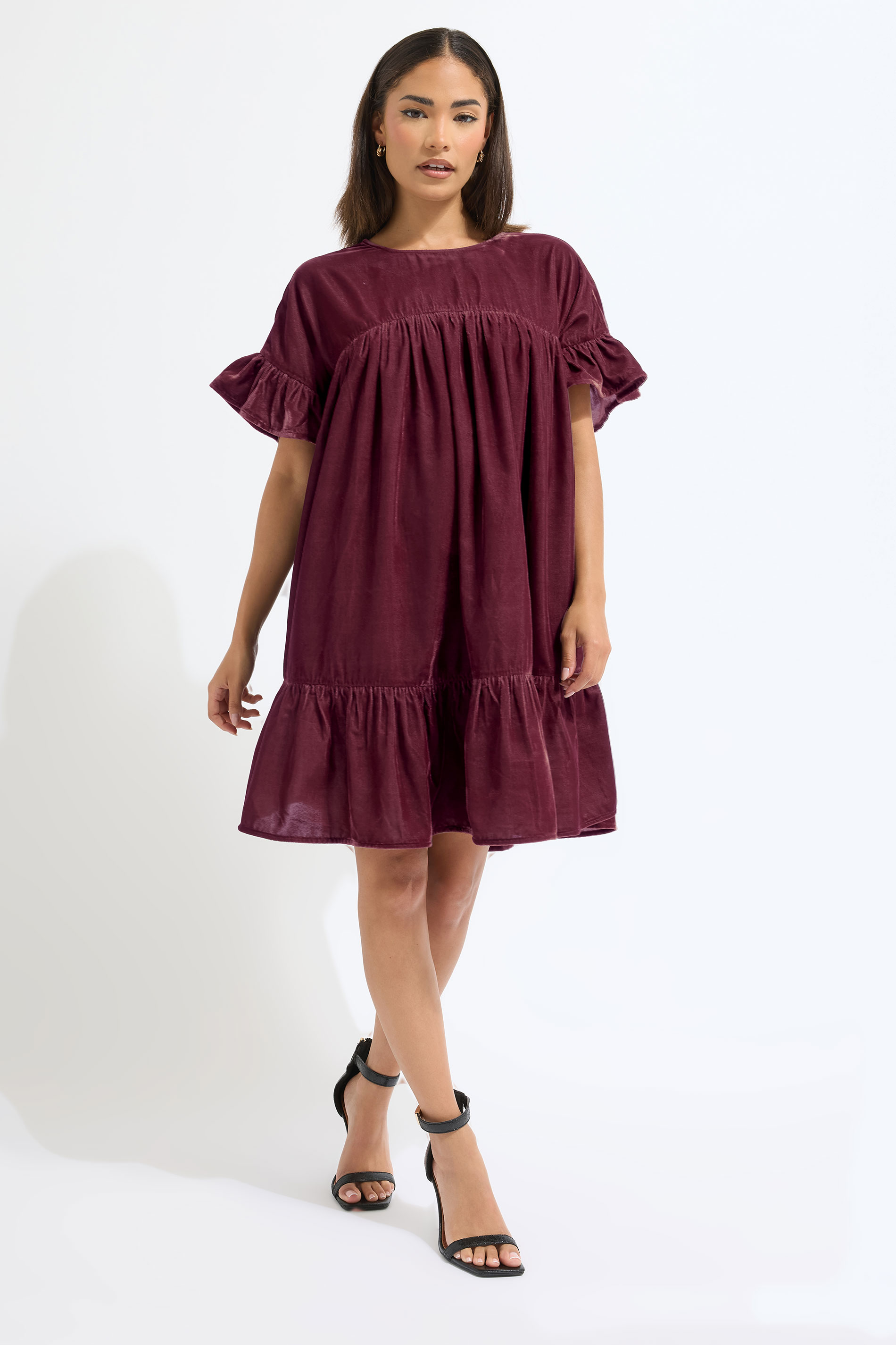 PixieGirl Petite Women's Burgundy Red Velvet Frill Smock Mini Dress | PixieGirl 2