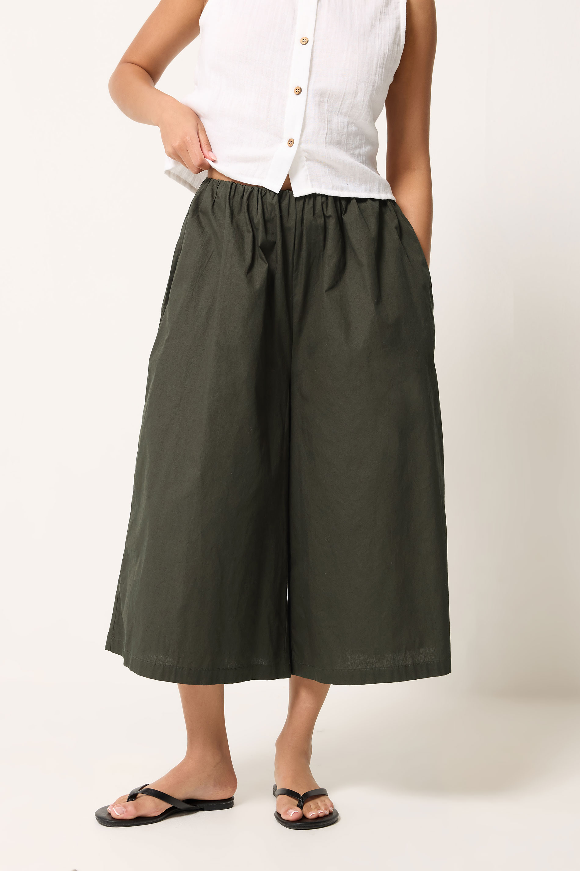 PixieGirl Petite Women's Khaki Green Cotton Poplin Culottes | PixieGirl 1