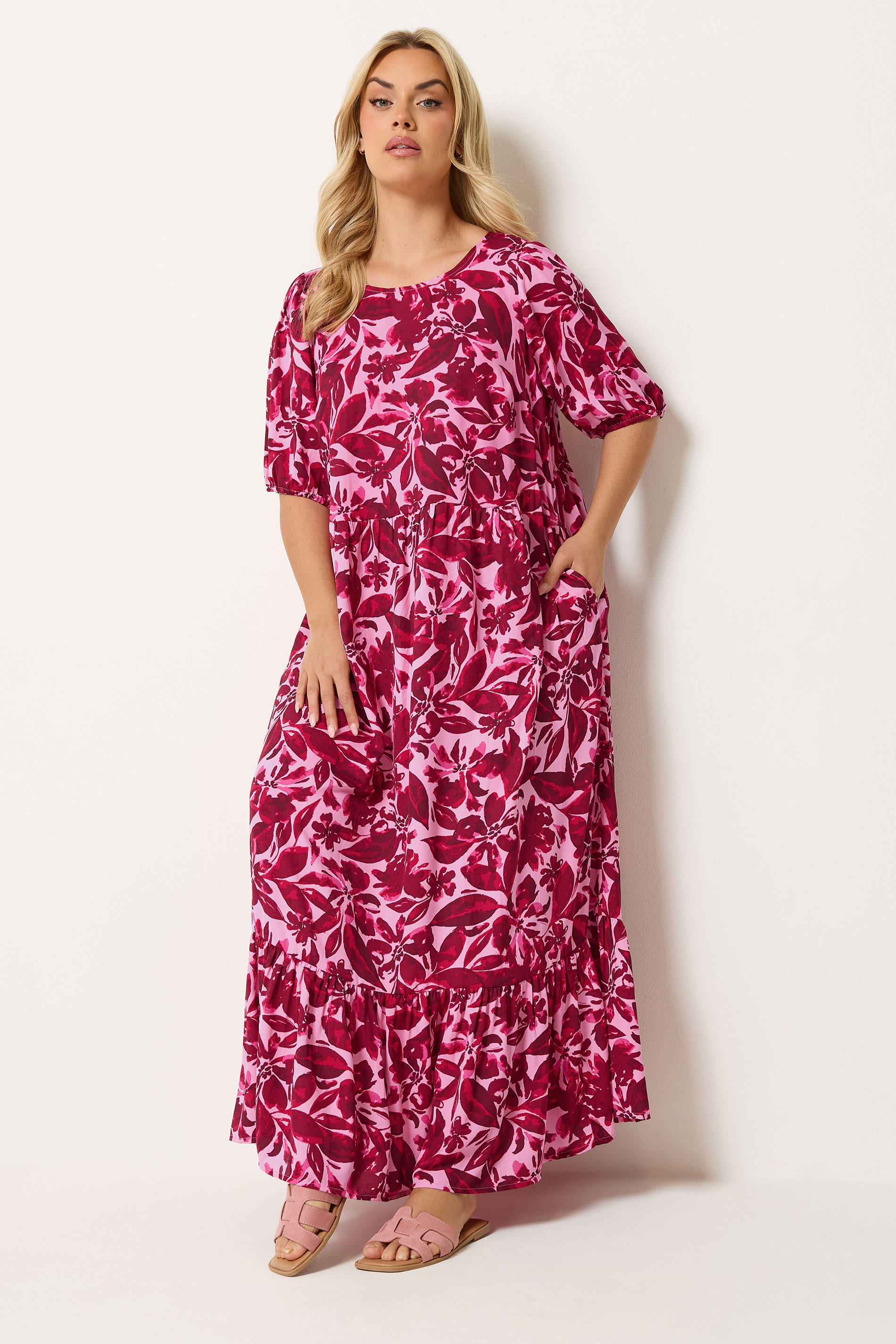 YOURS Plus Size Pink Floral Smock Maxi Dress | Yours Clothing 1