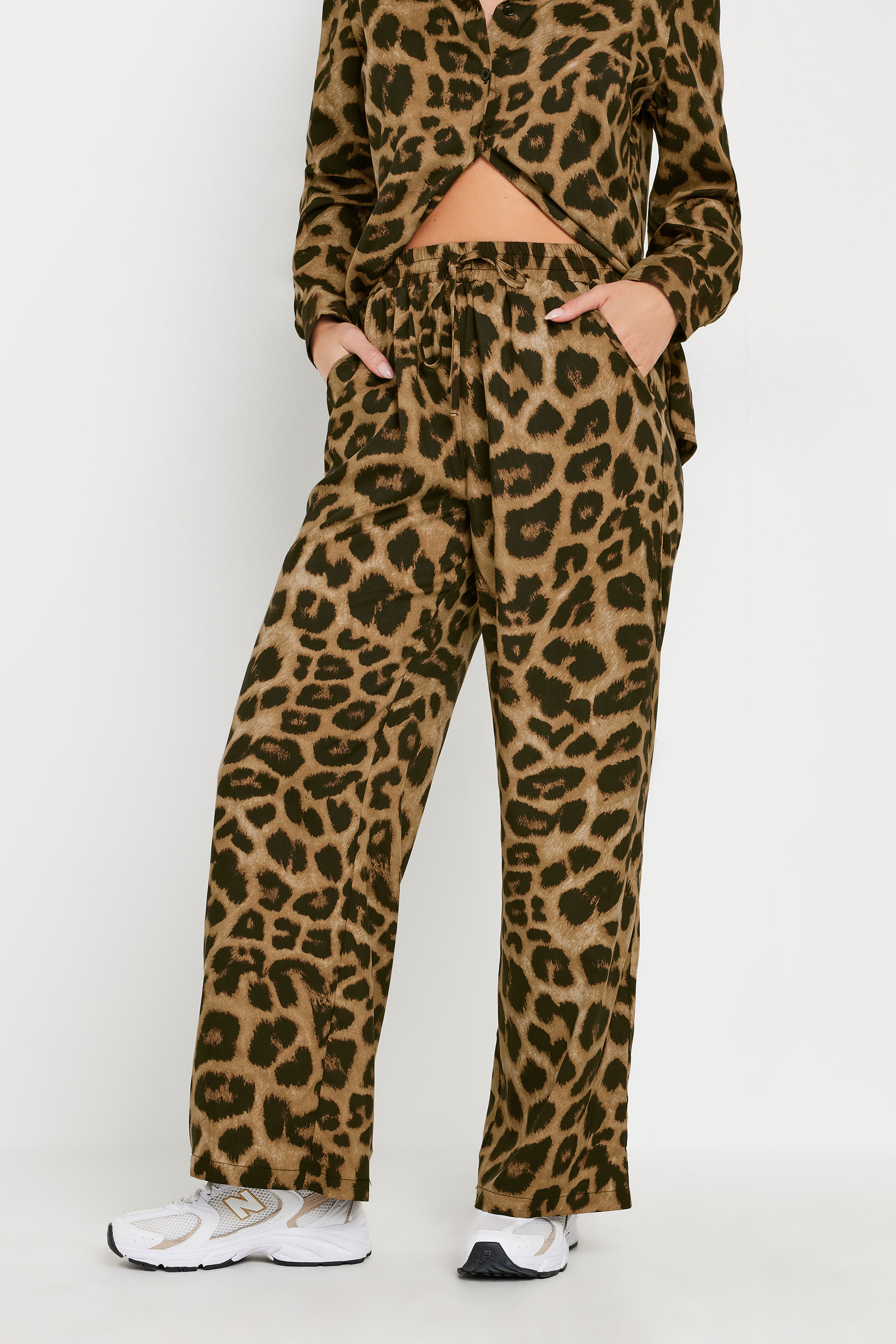 PixieGirl Petite Women's Brown Leopard Print Drawstring Wide Leg Trousers | PixieGirl 1
