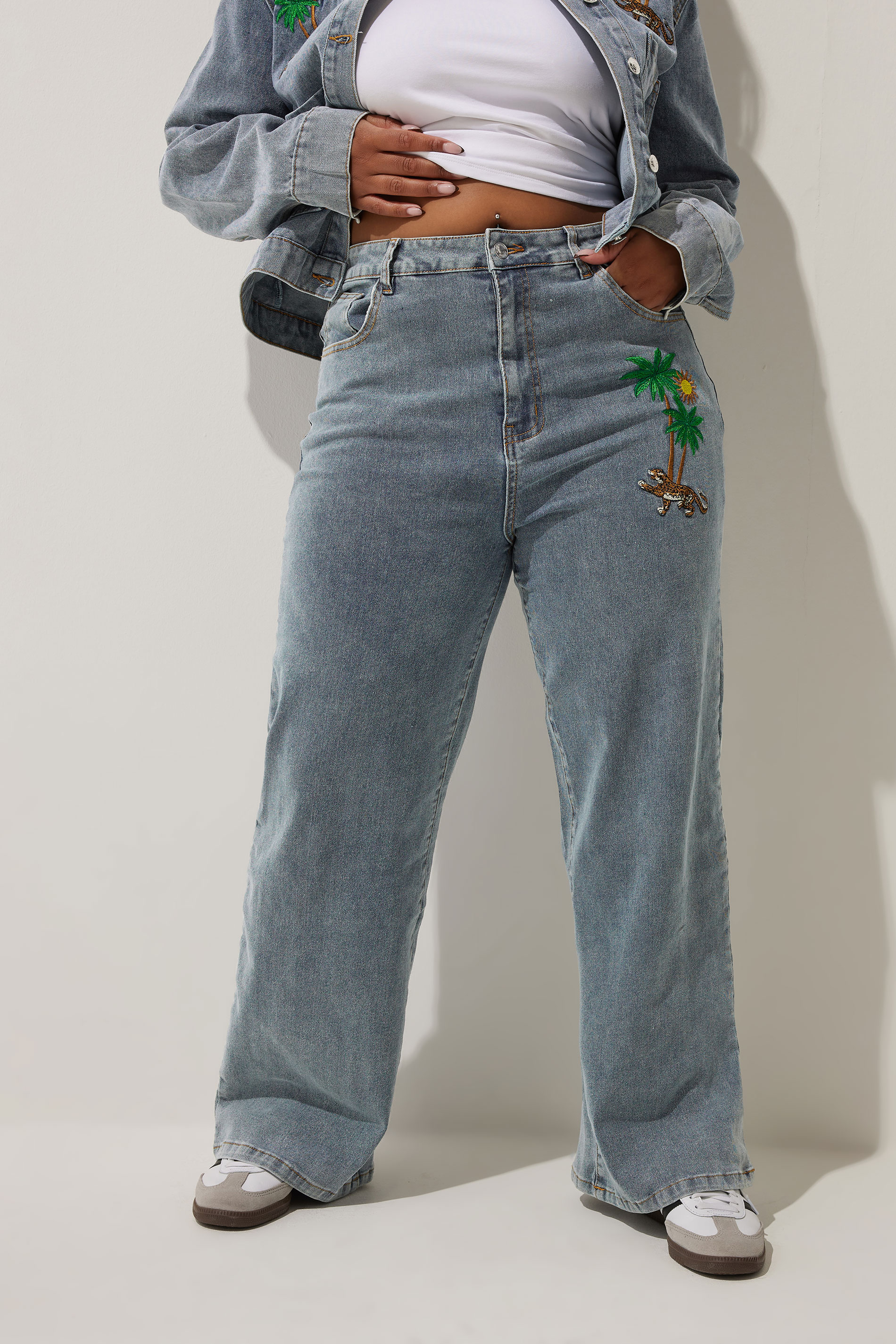 LIMITED COLLECTION Plus Size Blue Denim Palm Tree Embroidered Jeans | Yours Clothing 1