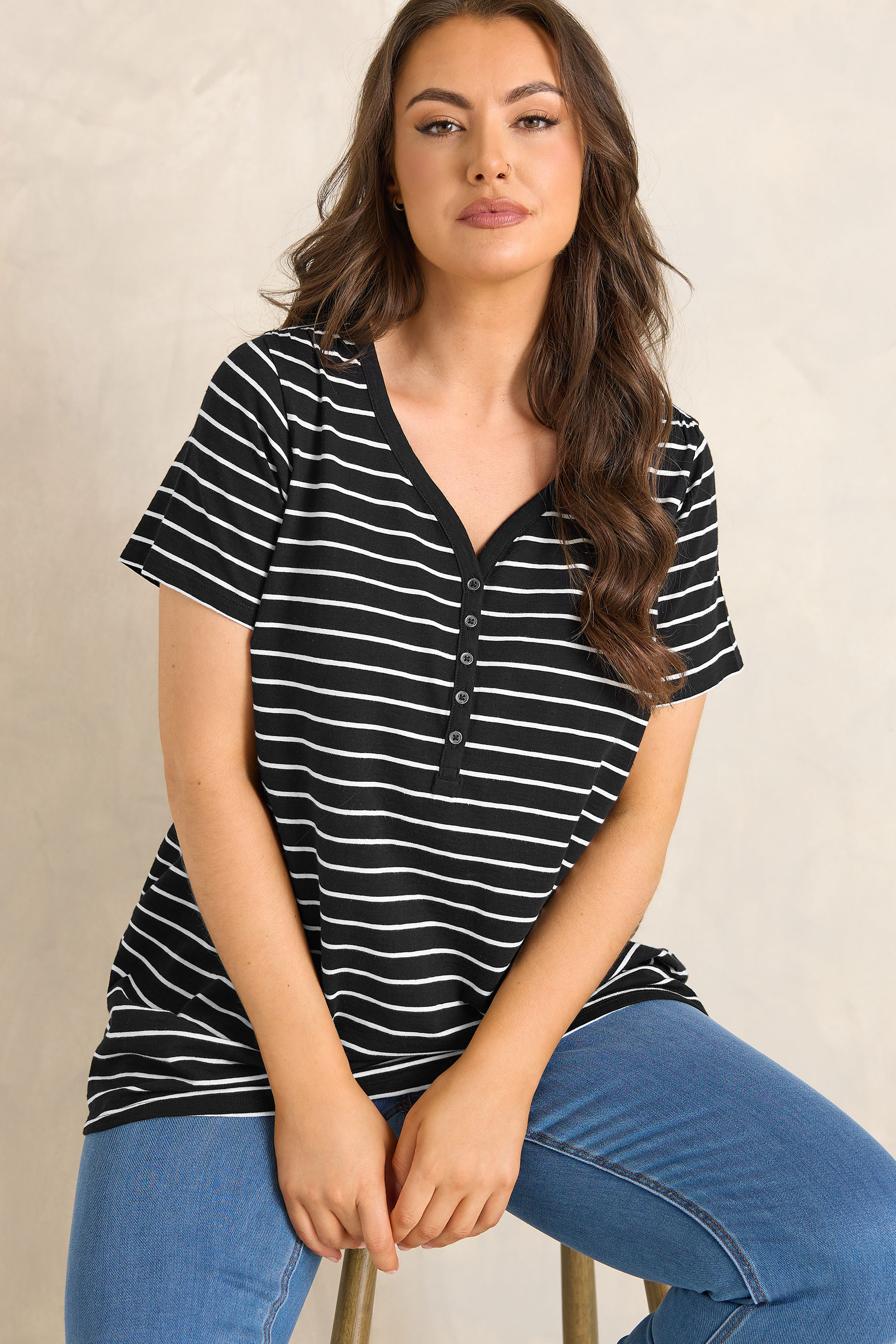 EVANS Plus Size Black Stripe Short Sleeve Cotton Henley Top | Evans 3