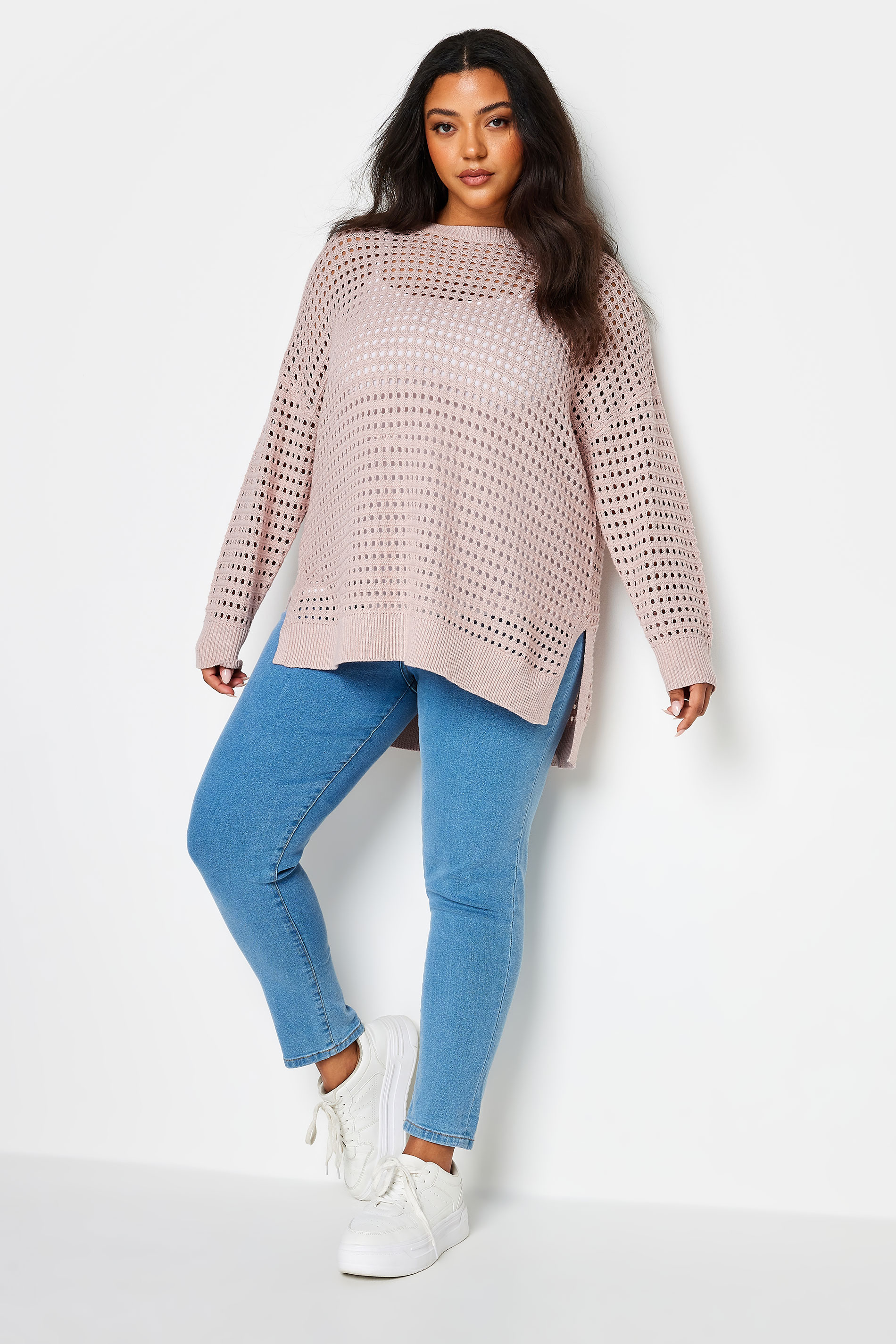 YOURS Plus Size Pink Side Split Crochet Jumper | Yours Clothing 2