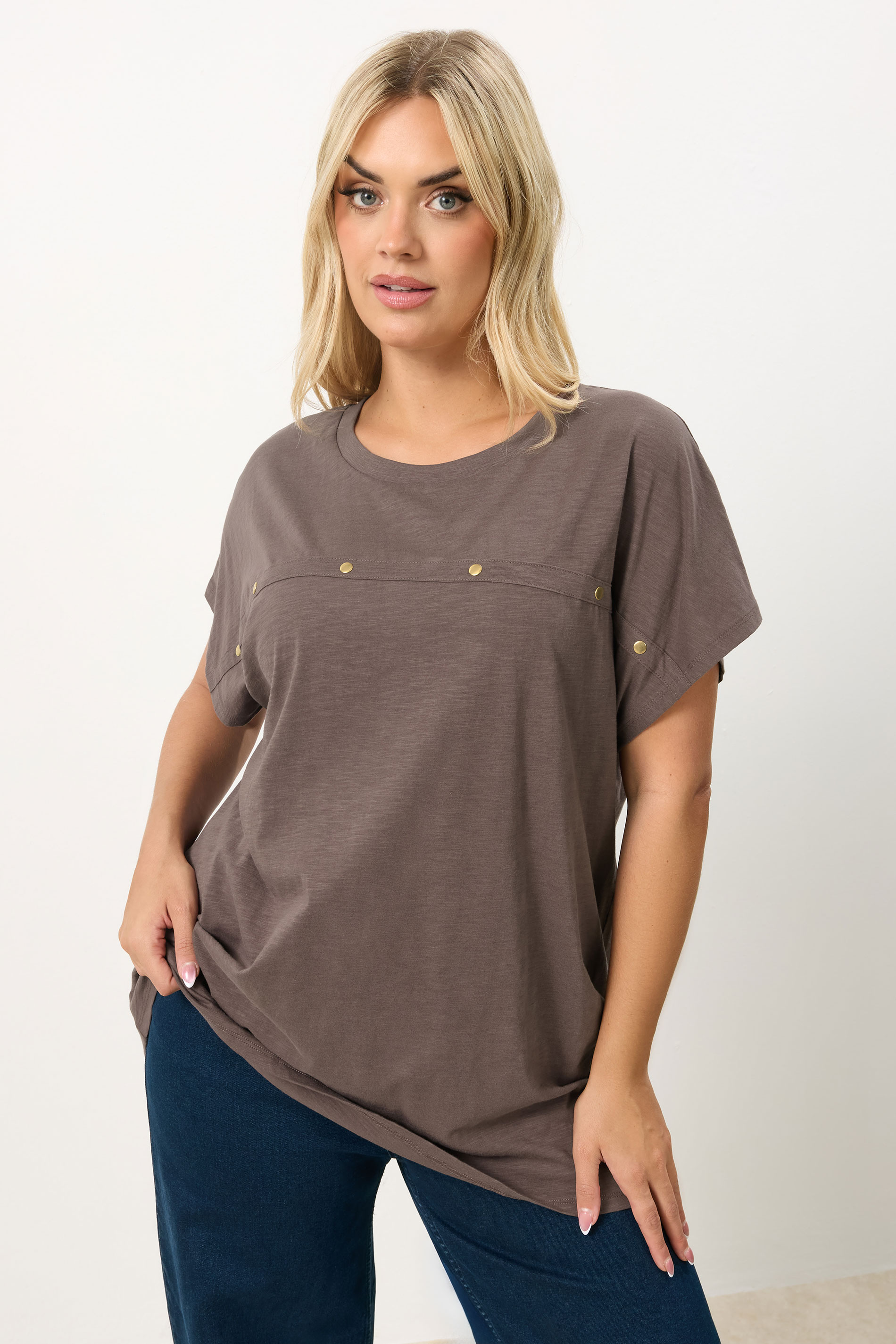 YOURS Plus Size Chocolate Brown Stud Grown-On Sleeve T-Shirt | Yours Clothing 3