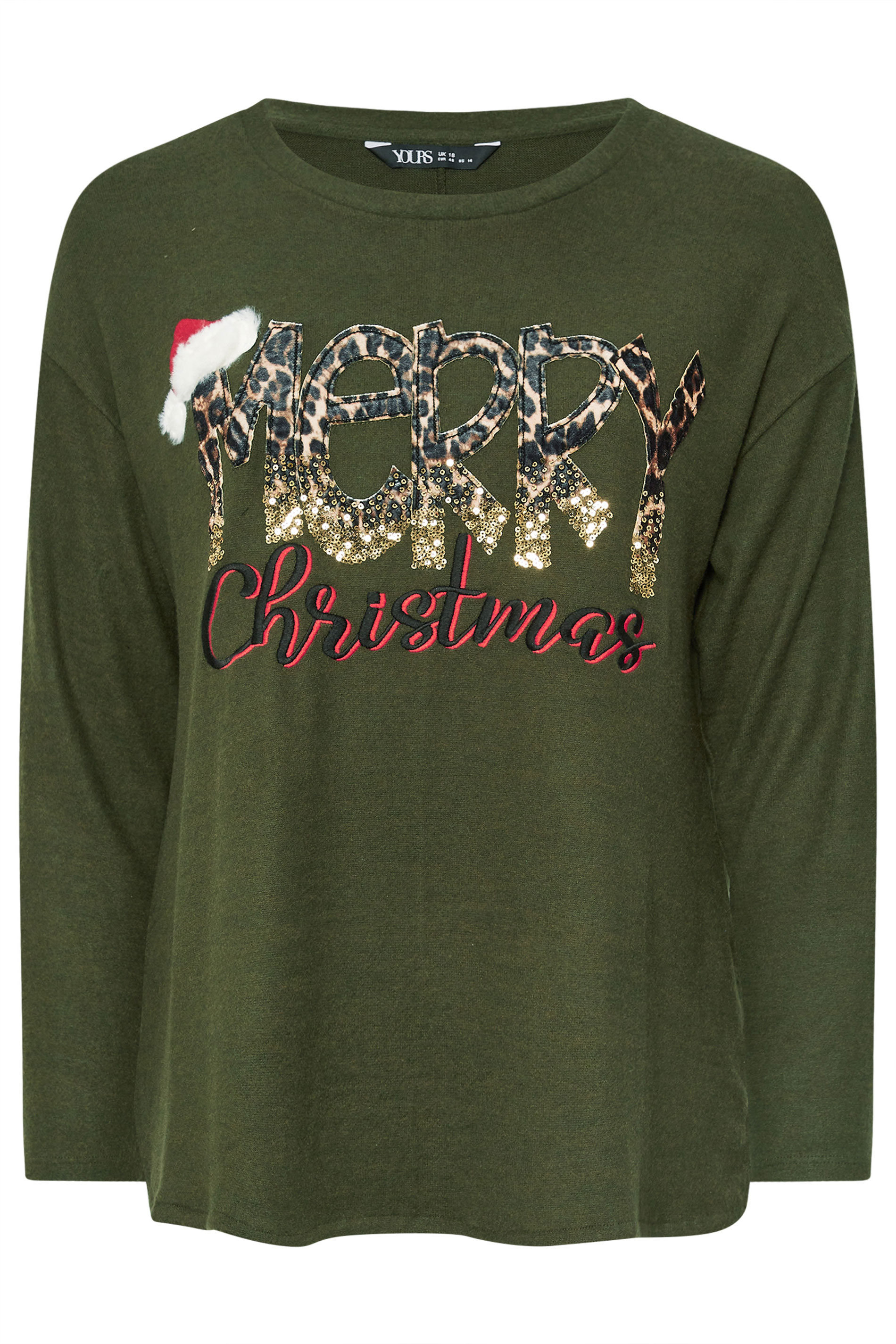 YOURS Plus Size Khaki Green 'Merry Christmas' Sequin Embellished Sweatshirt | Yours Clothing  5