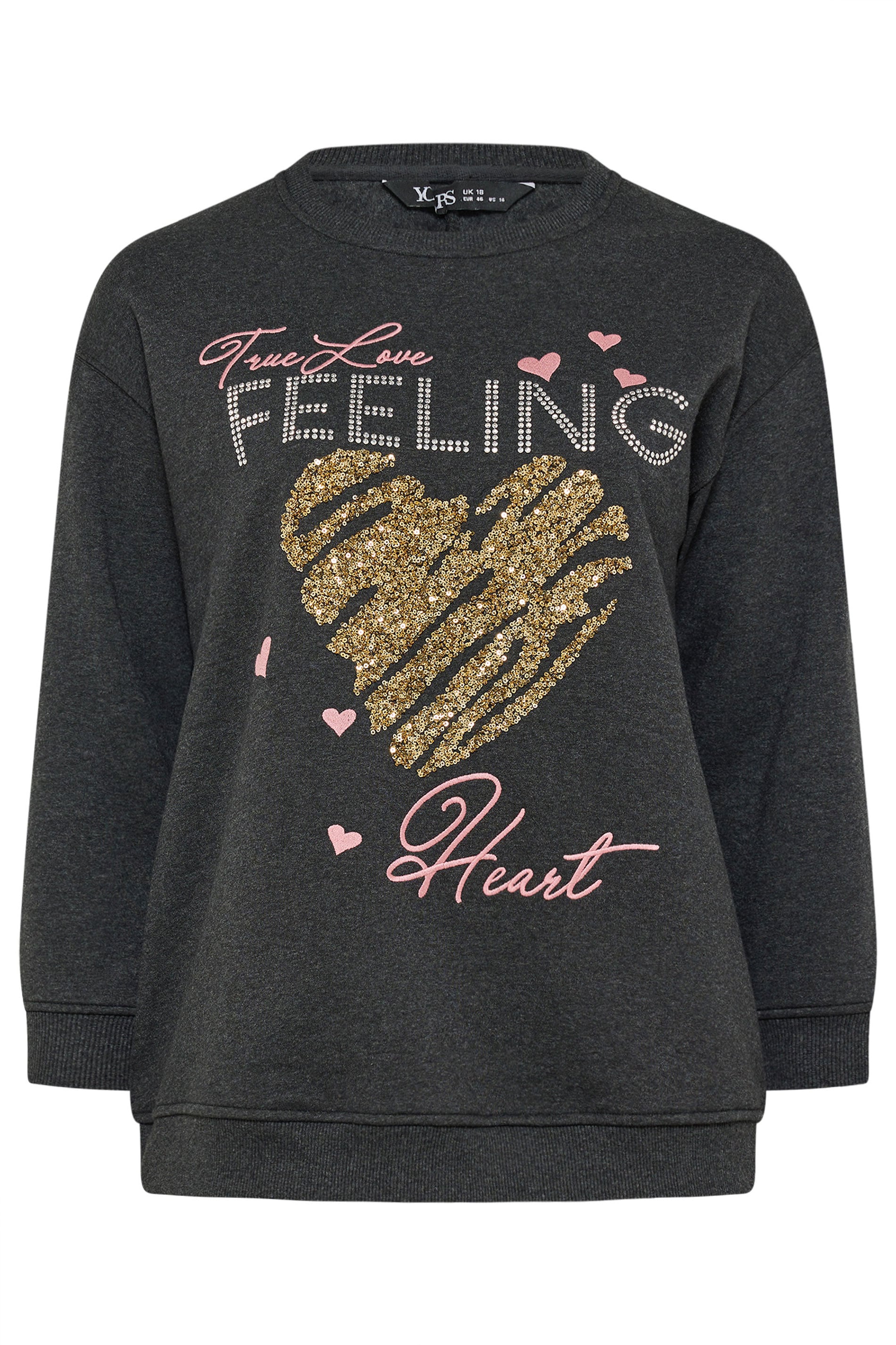 YOURS Curve Grey 'True Love Feeling' Heart Embellished Sweatshirt | Yours Clothing 5