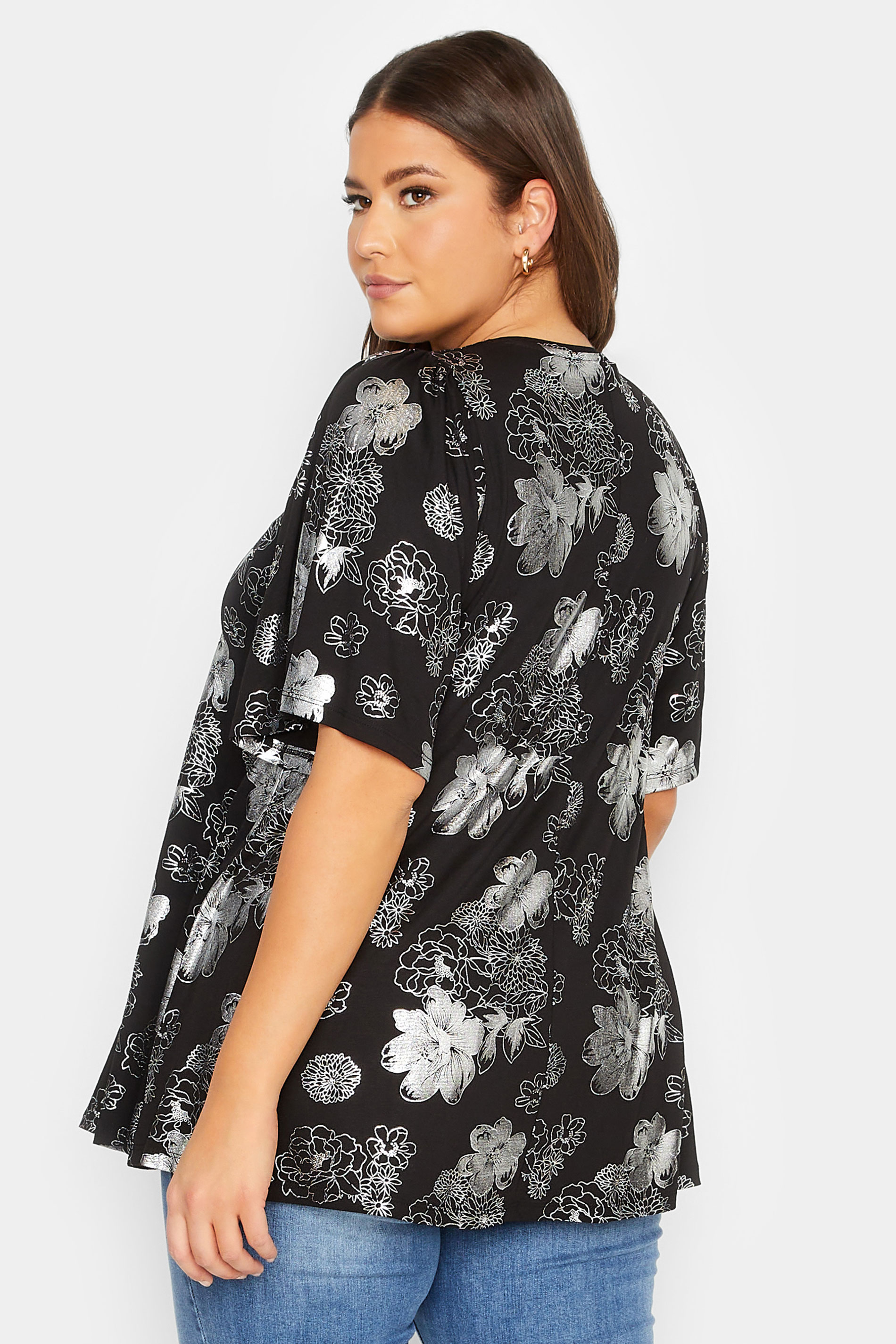 YOURS LUXURY Plus Size Curve Silver Floral Foil Print Top | Yours Clothing  3