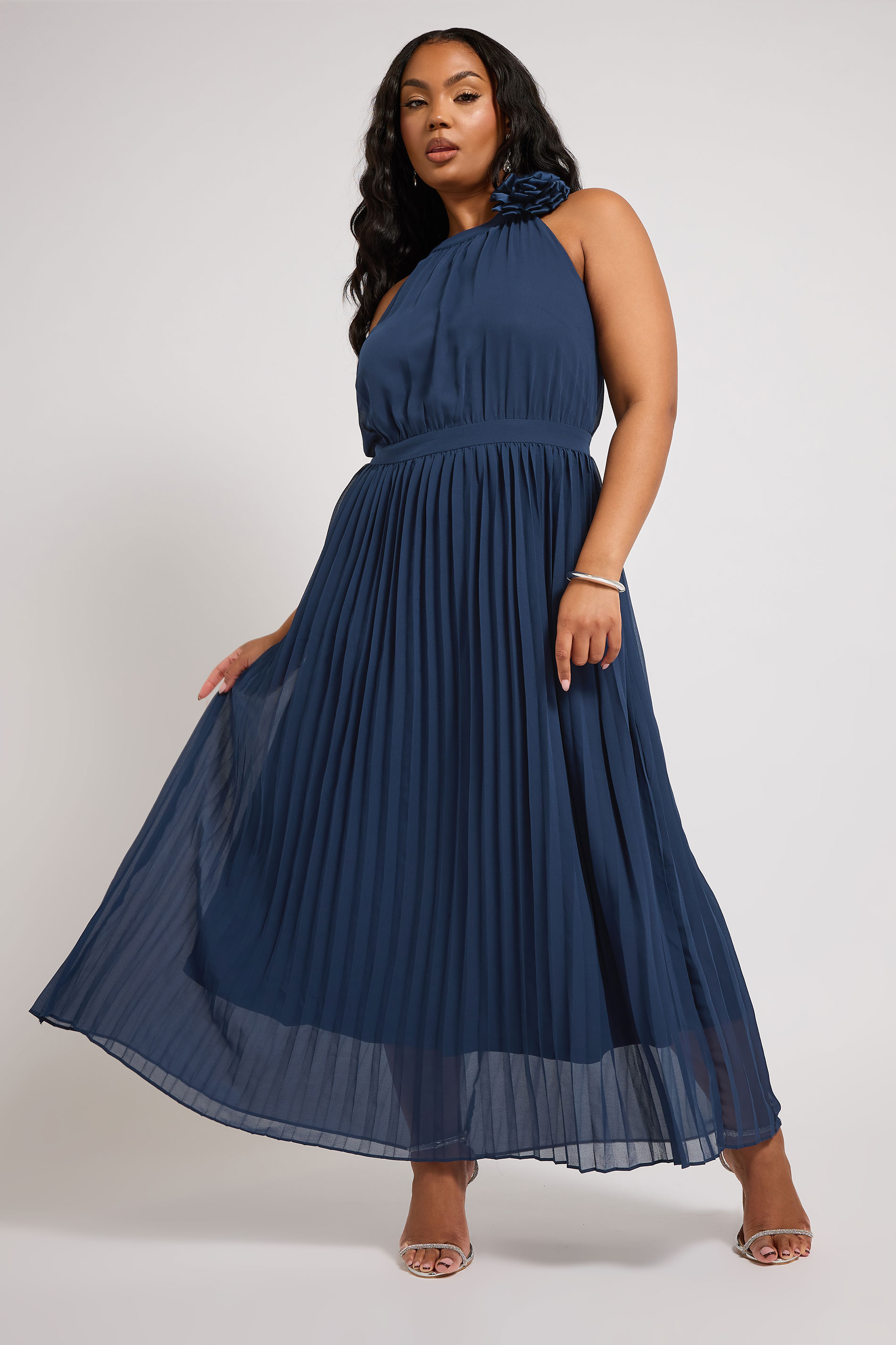 YOURS LONDON Plus Size Navy Blue Corsage Detail Pleated Maxi Dress | Yours Clothing 3
