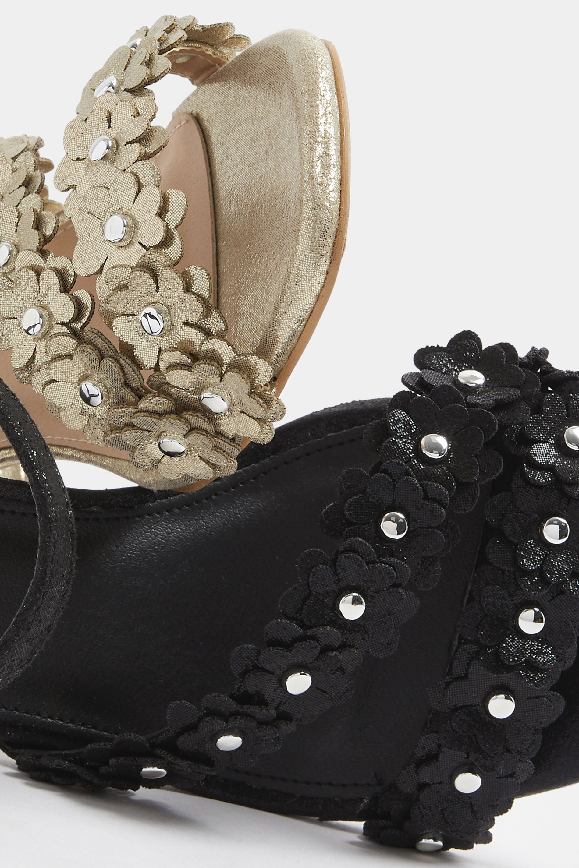Black Shimmer Floral Block Heel Sandals In Extra Wide EEE Fit | Yours Clothing 6