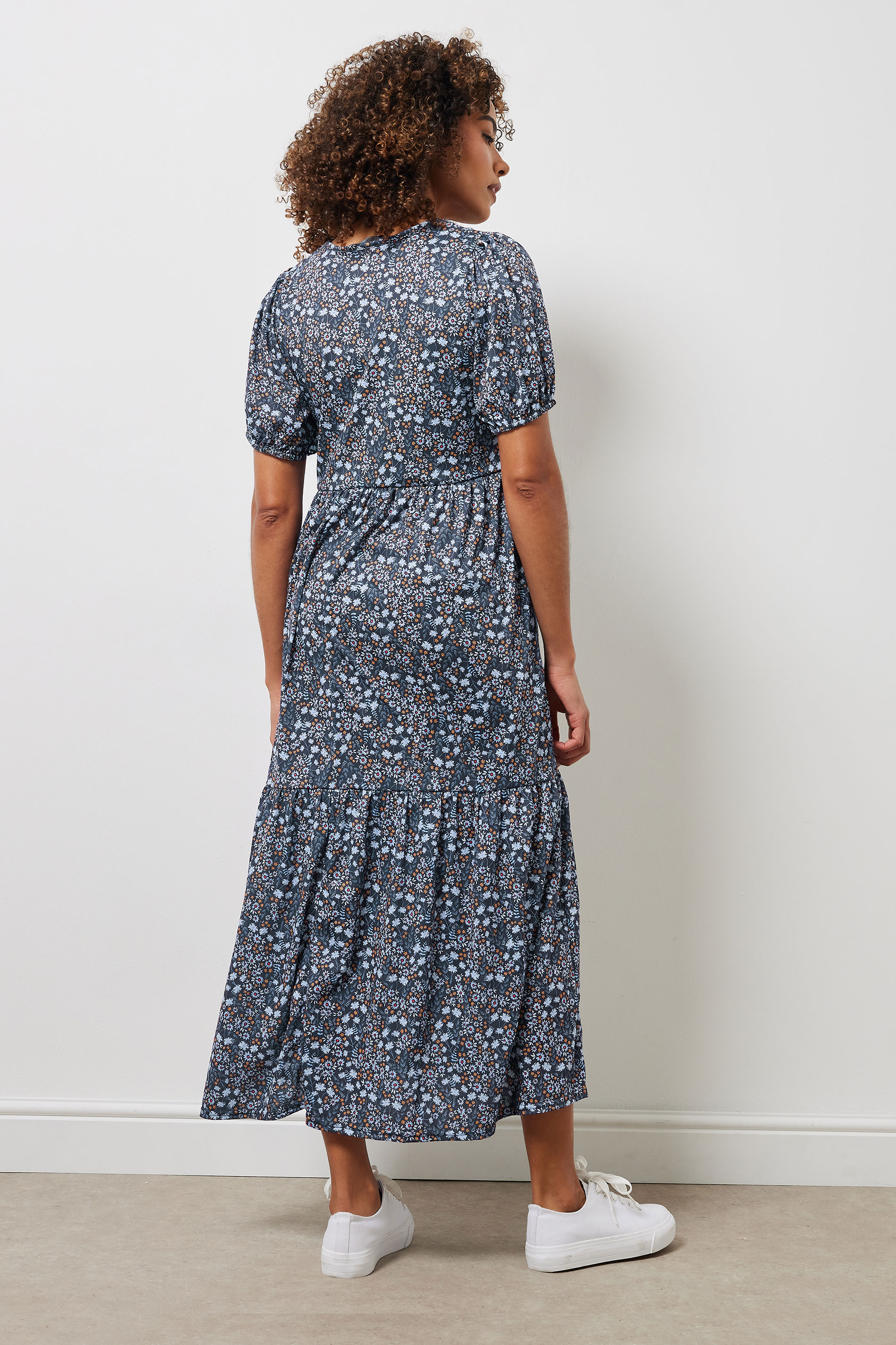M&Co Navy Blue Ditsy Floral Print V-Neck Tiered Dress | M&Co 2