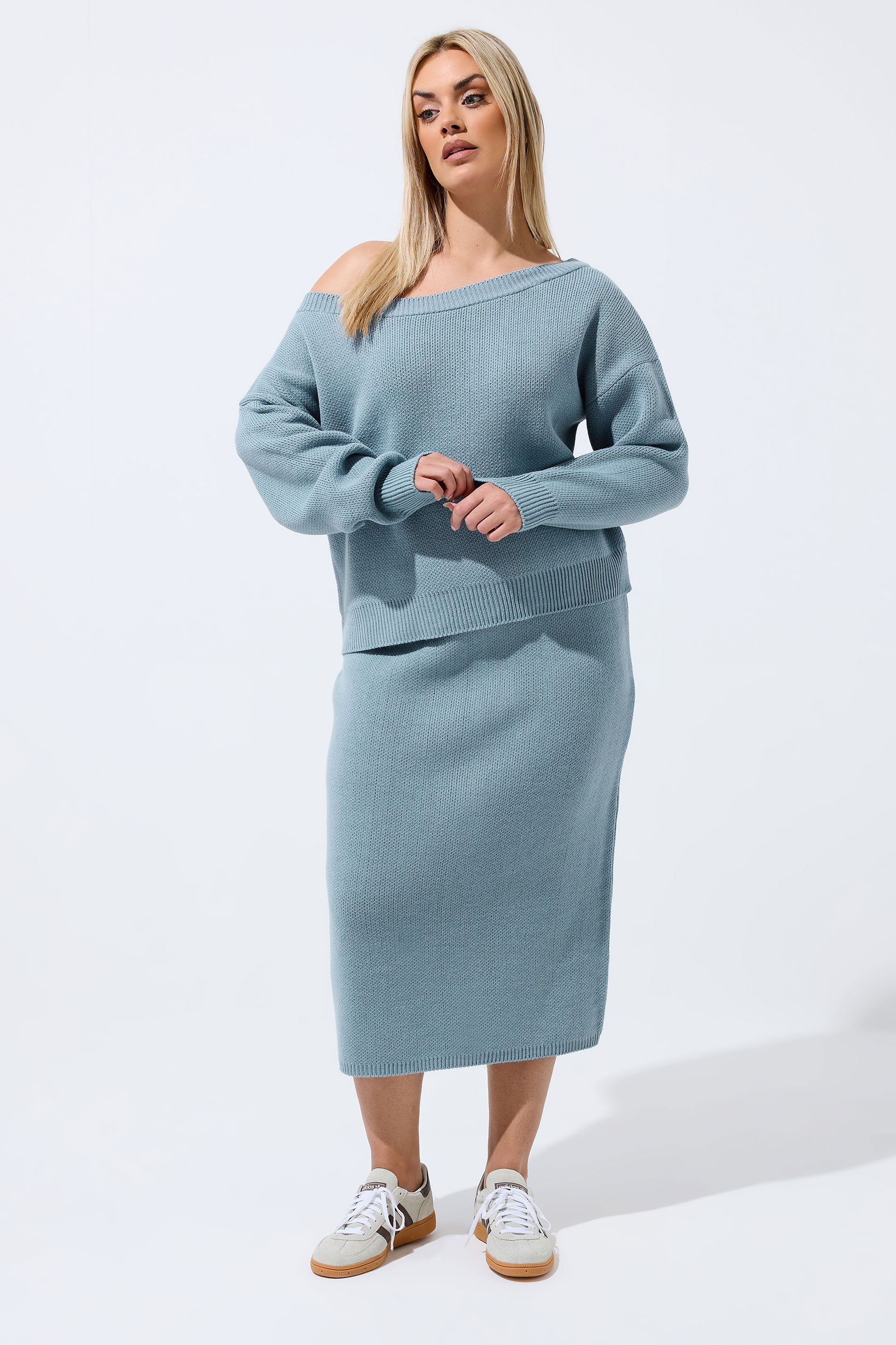 LIMITED COLLECTION Plus Size Blue Knitted Off Shoulder Jumper | Yours Clothing 1
