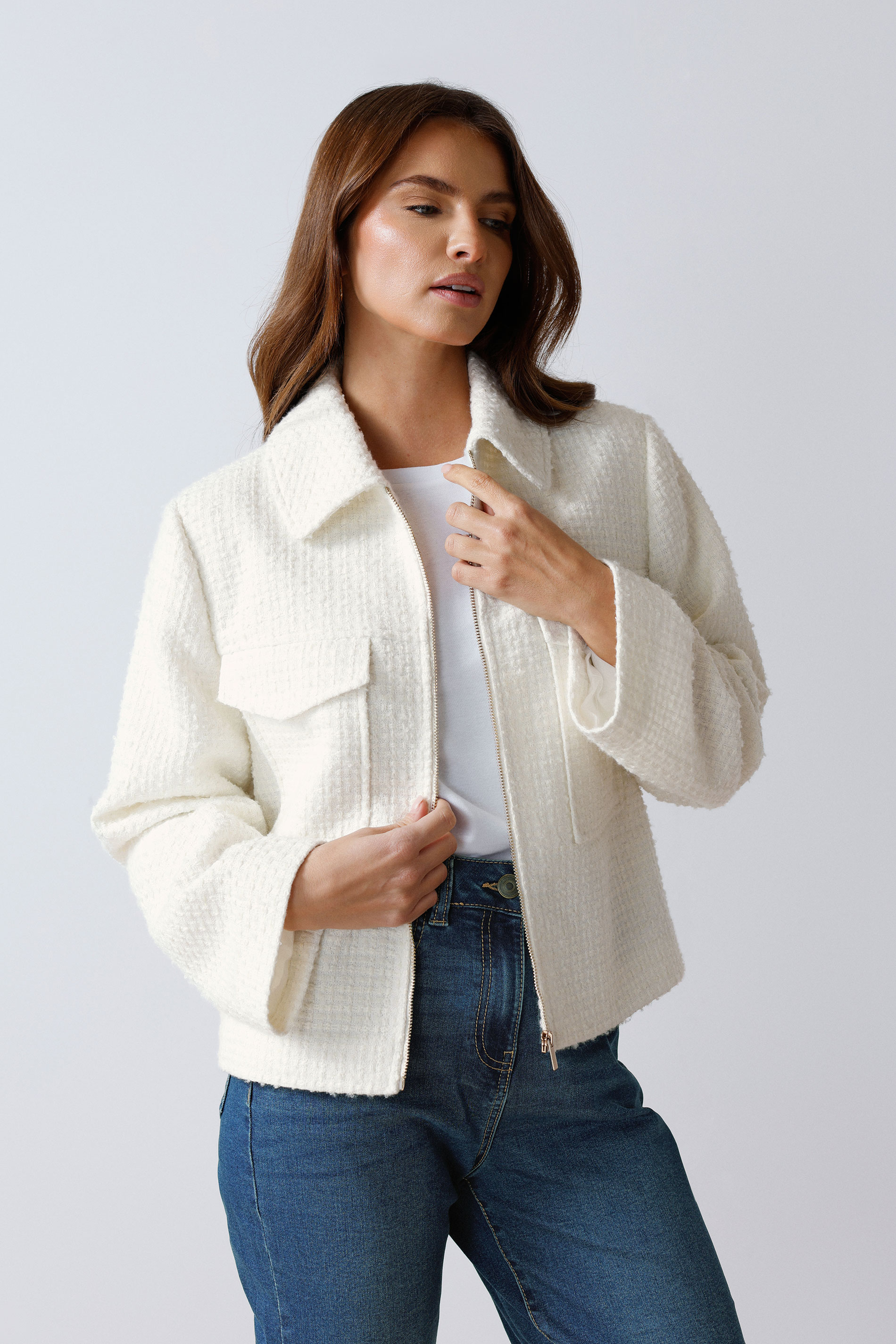 M&Co Ivory White Boucle Zip Through Jacket | M&Co 1