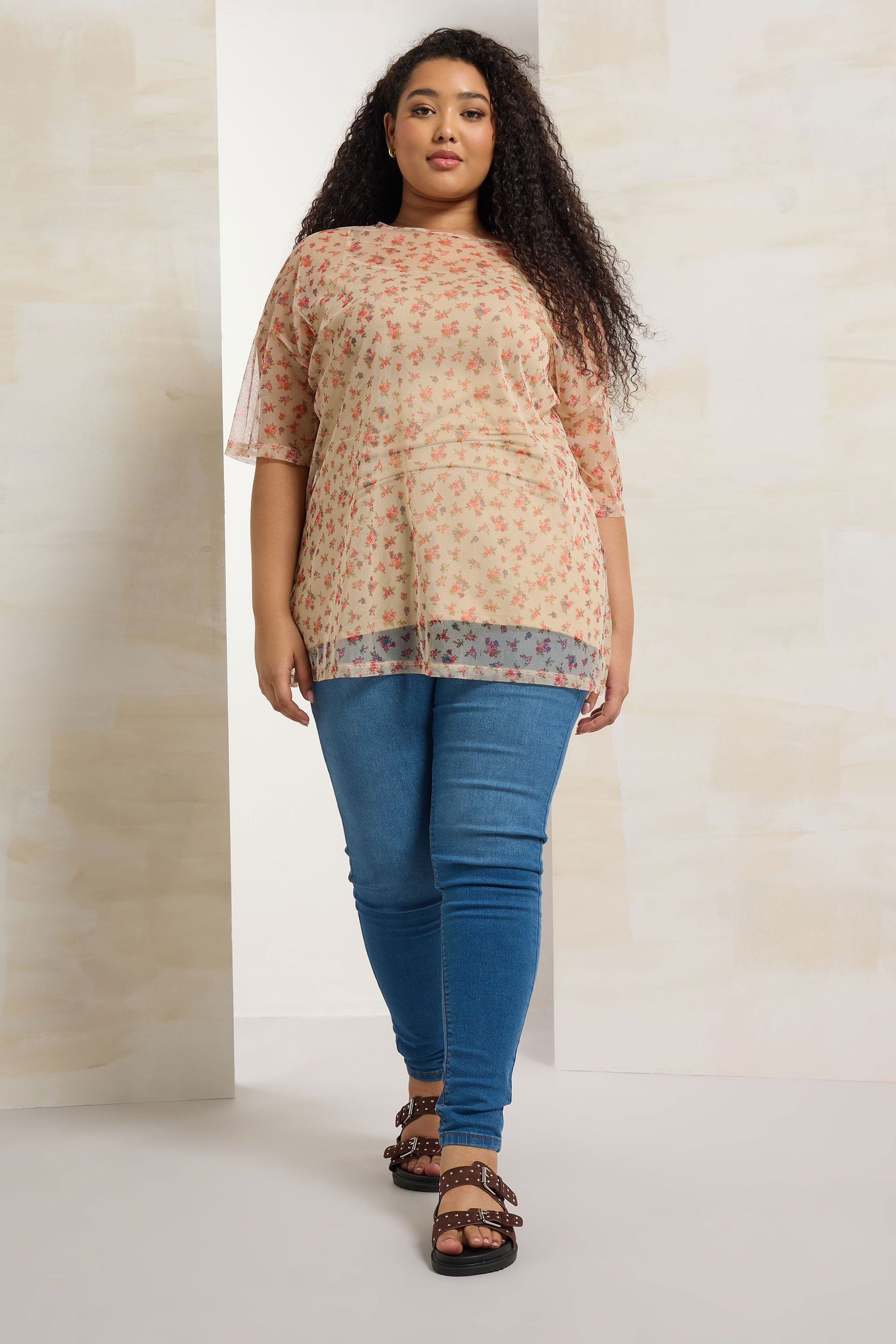 YOURS Plus Size Natural Brown Ditsy Floral Oversized Mesh Top | Yours Clothing 1