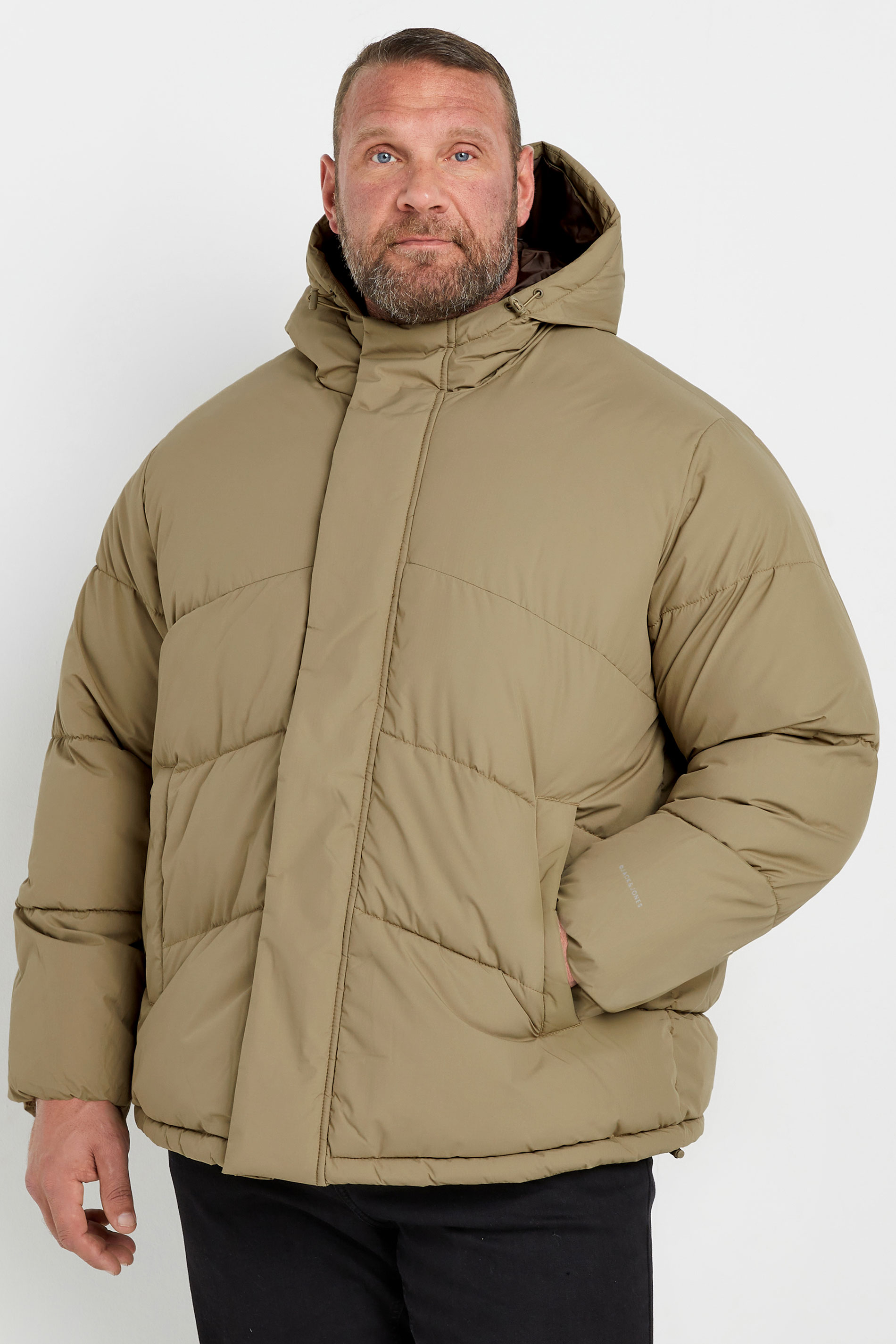 JACK & JONES Big & Tall Beige Brown Hooded Puffer Jacket | BadRhino 2