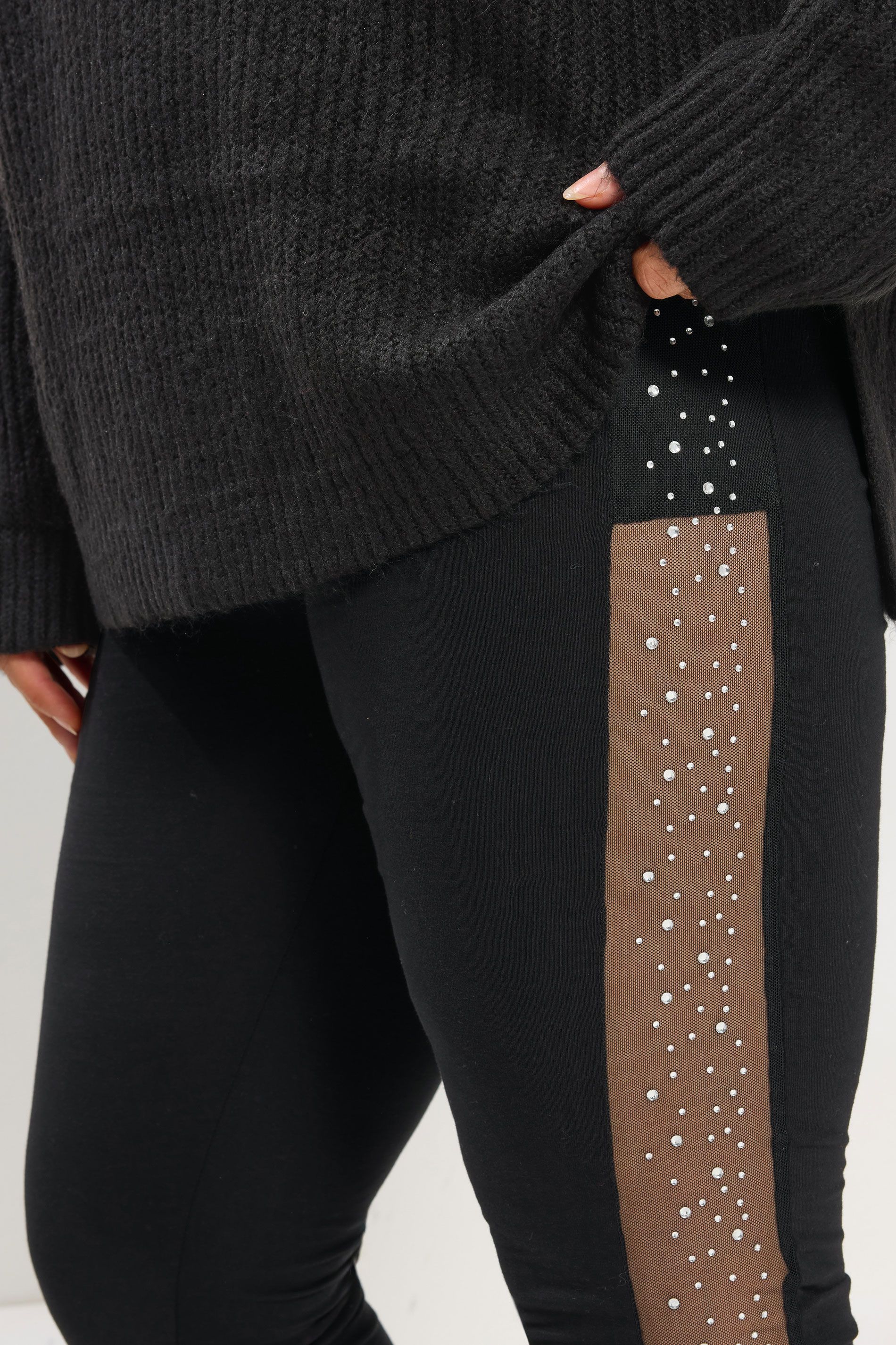 YOURS Plus Size Black Diamante Mesh Side Stripe Leggings | Yours Clothing 4